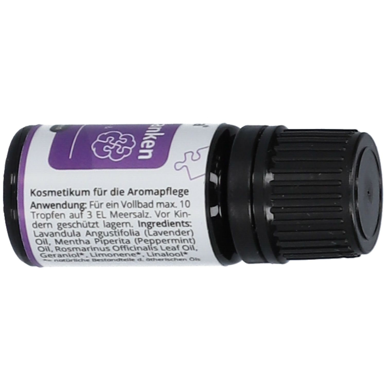 Glasflasche mit schwarzem Deckel. Aufschrift: Anwendung, Inhaltsstoffe. Kosmetikum für Aromapflege.