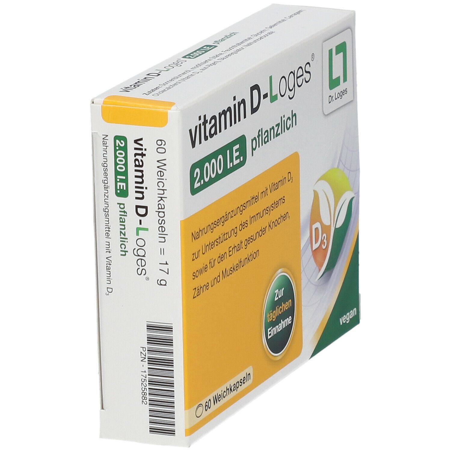 Schrägansicht der Vitamin D-Loges 2.000 I.E. pflanzlich Verpackung. Enthält 60 Weichkapseln. Gelb-weißes Design.