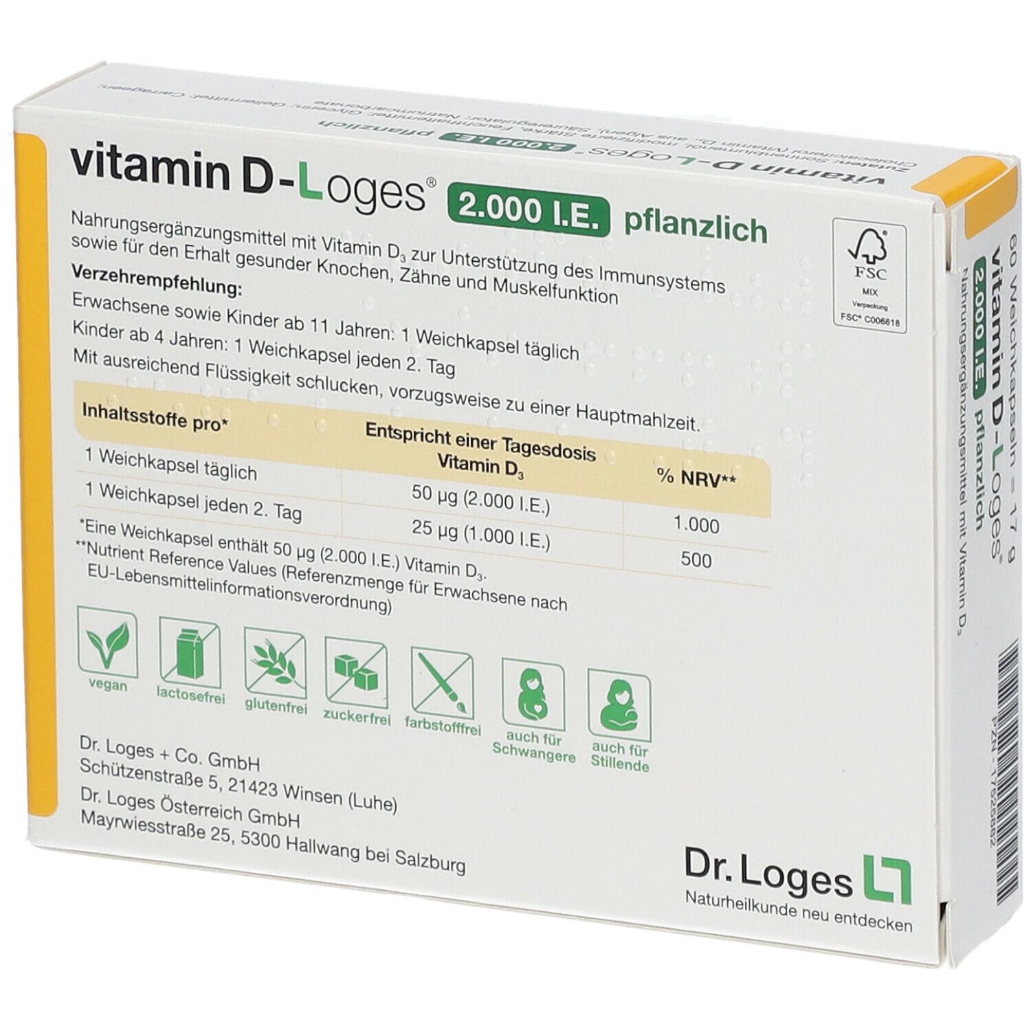 Rückseite der Vitamin D-Loges 2.000 I.E. pflanzlich Verpackung. Enthält Informationen zu Inhaltsstoffen und Dosierung.