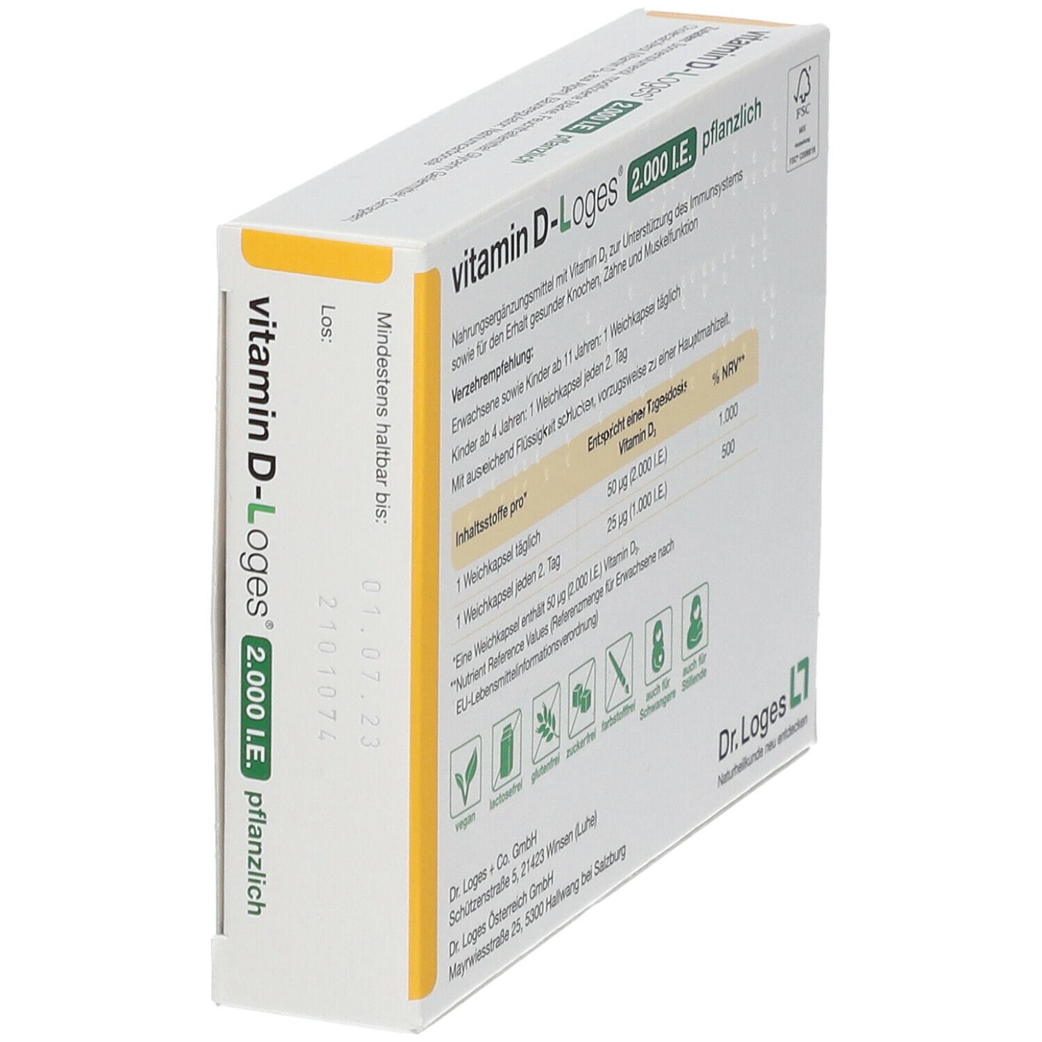 Schrägansicht der Rückseite der Vitamin D-Loges 2.000 I.E. pflanzlich Verpackung. Informationen zu Inhaltsstoffen.