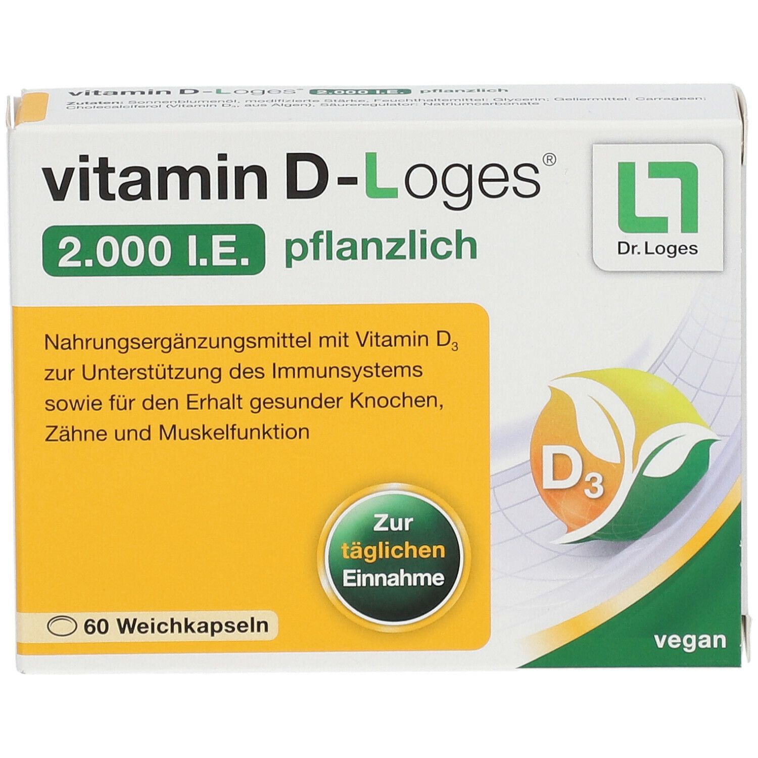 Vitamin D-Loges 2.000 I.E. pflanzlich Verpackung. Gelb-weißes Design. Enthält 60 Weichkapseln. Mit Logo und Produktnamen.