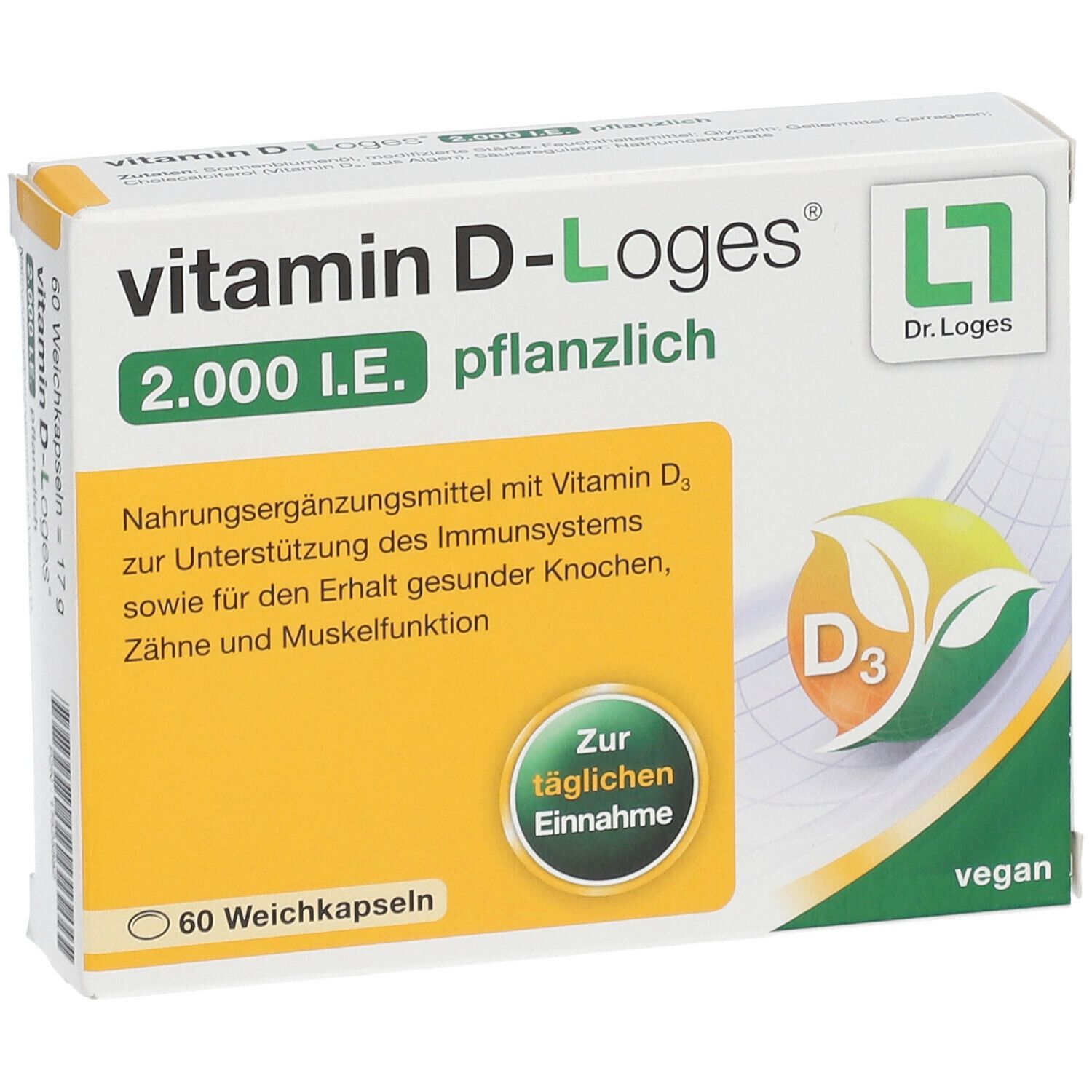 Vitamin D-Loges 2.000 I.E. pflanzlich Verpackung. Gelb-weißes Design. Enthält 60 Weichkapseln. Produktname und Logo.