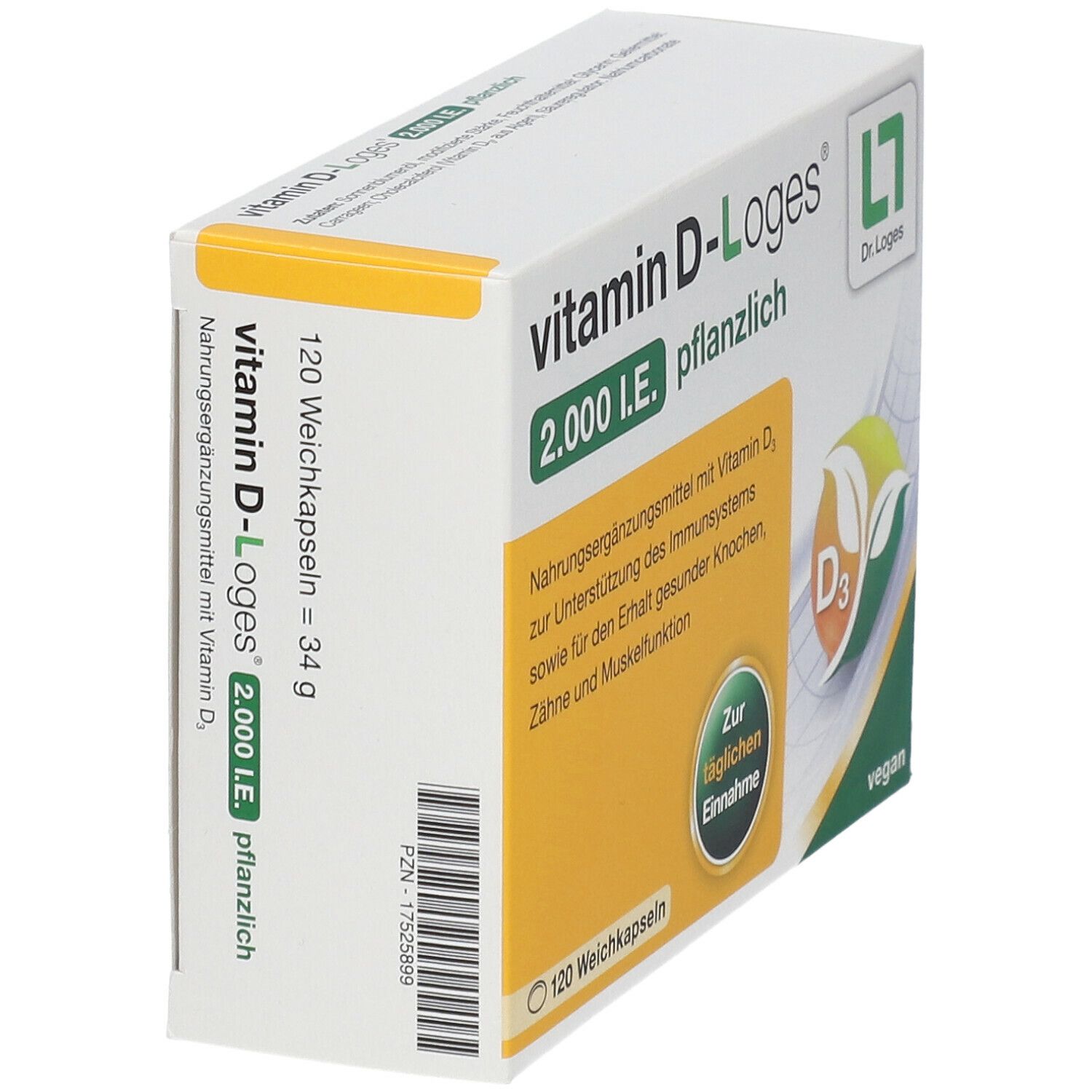 Schrägansicht der Vitamin D-Loges 2.000 I.E. pflanzlich Verpackung. Aufdrucke: 120 Weichkapseln, vegan, Dr. Loges Logo.