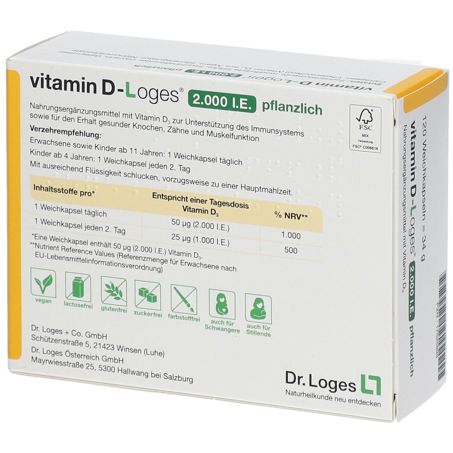 Rückseite der Vitamin D-Loges 2.000 I.E. pflanzlich Verpackung. Enthält Informationen zu Inhaltsstoffen und Dosierung.