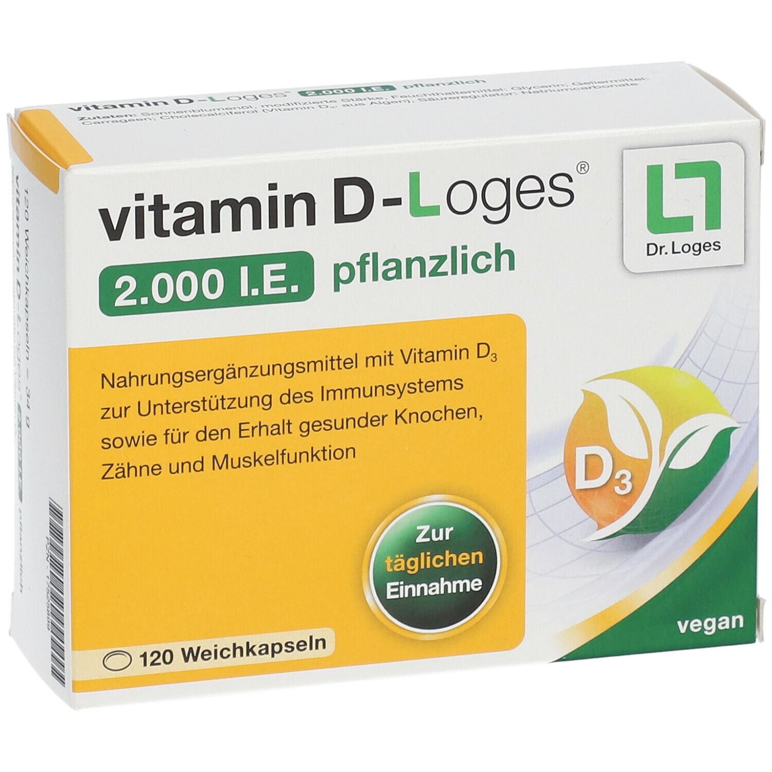 Vorderansicht der Vitamin D-Loges 2.000 I.E. pflanzlich Verpackung. Aufdrucke: 120 Weichkapseln, vegan, Dr. Loges Logo.