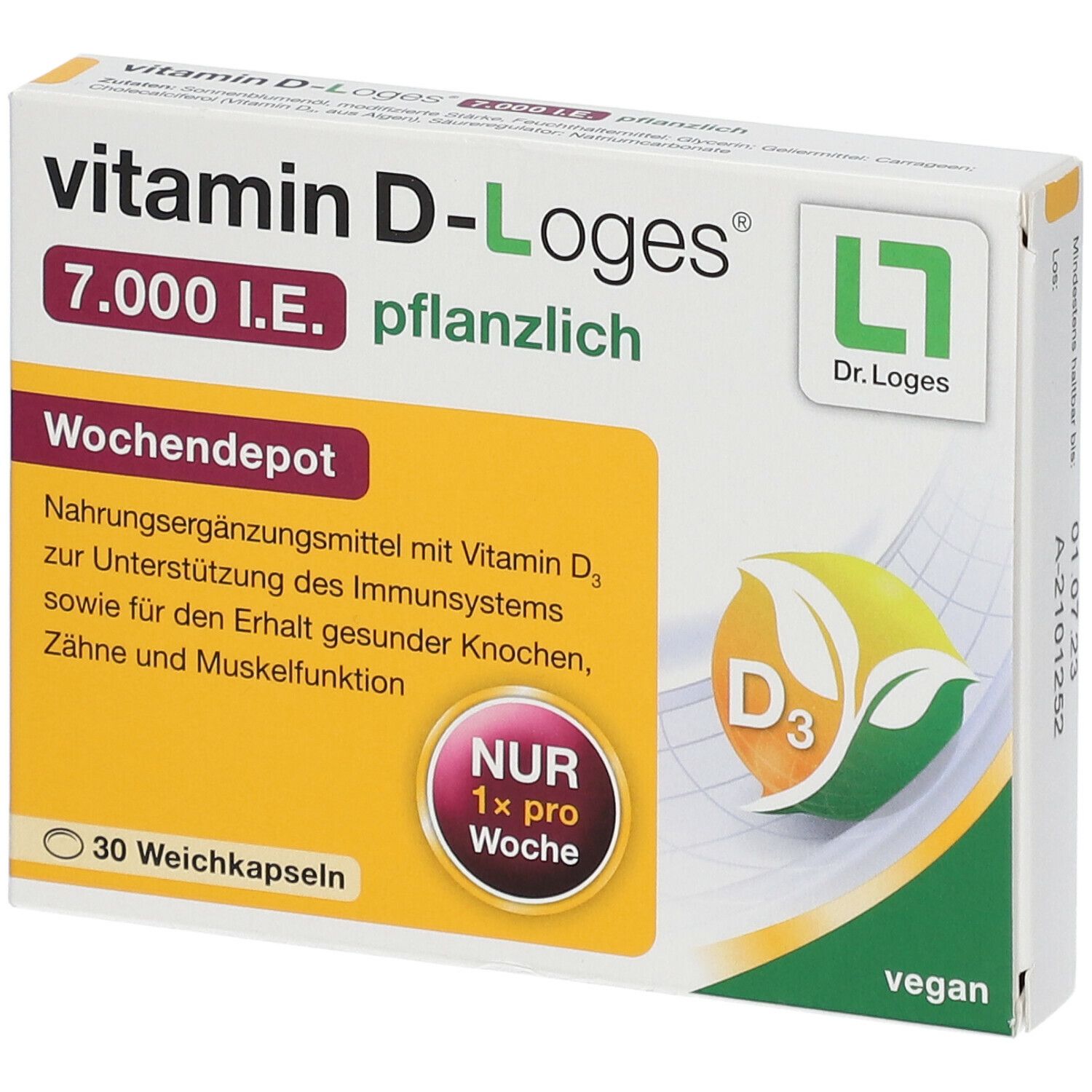 Schachtel Vitamin D-Loges 7.000 I.E. pflanzlich. Enthält 30 Weichkapseln. Aufdruck: Nur 1x pro Woche. Vegan.