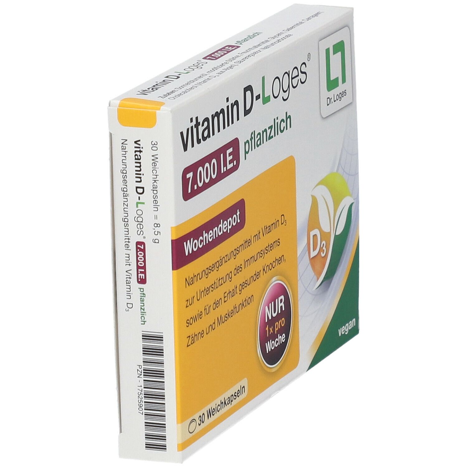 Schachtel Vitamin D-Loges 7.000 I.E. pflanzlich, Seitenansicht. Enthält 30 Weichkapseln. Aufdruck: Nur 1x pro Woche. Vegan.