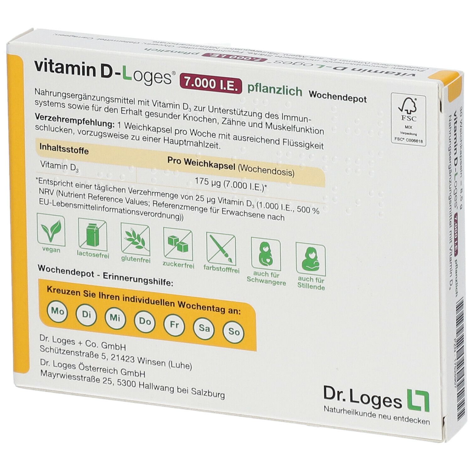Rückseite der Schachtel Vitamin D-Loges 7.000 I.E. pflanzlich. Enthält Informationen zu Inhaltsstoffen und Dosierung. Vegan.