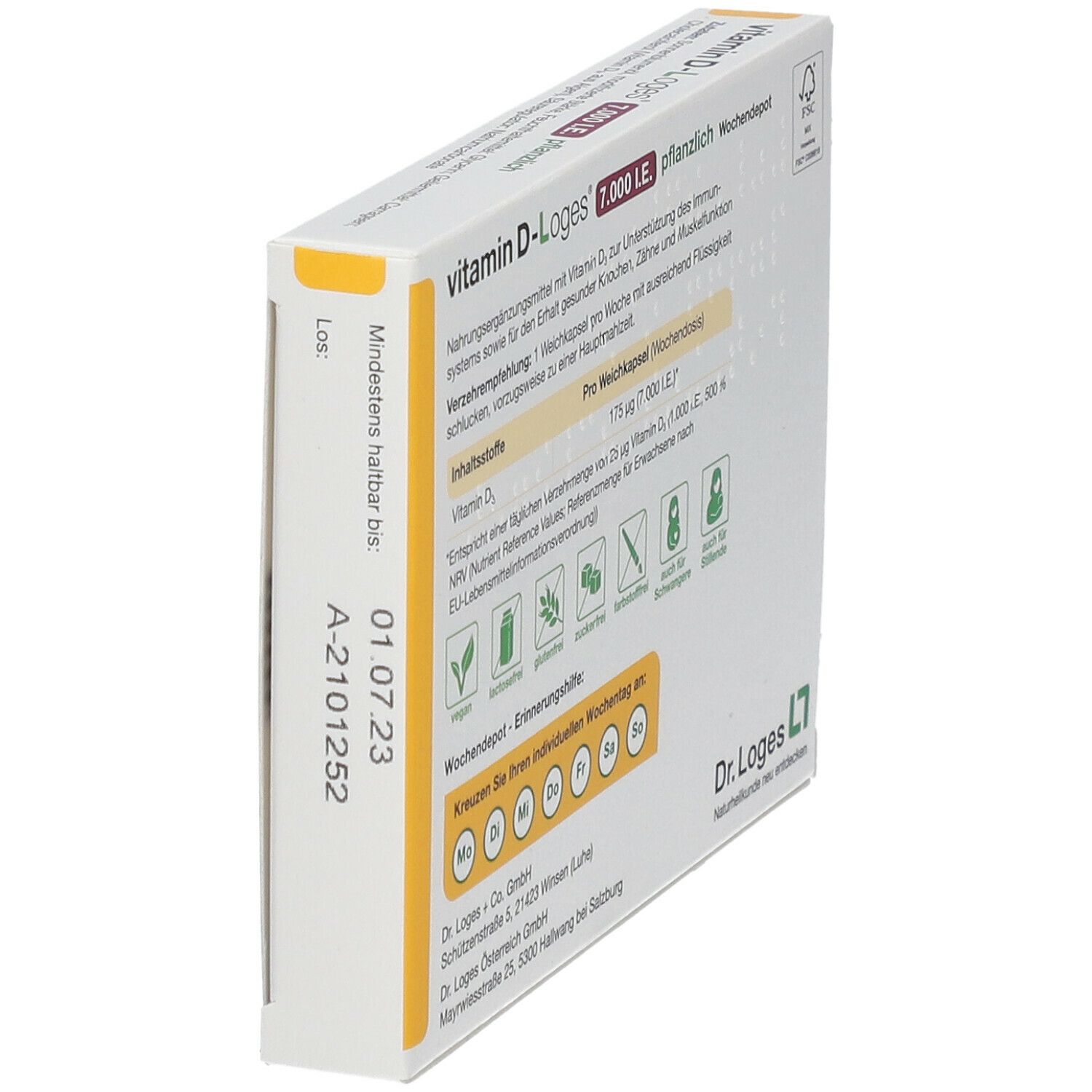 Seitenansicht der Schachtel Vitamin D-Loges 7.000 I.E. pflanzlich. Mindestens haltbar bis 01.07.23. Vegan.
