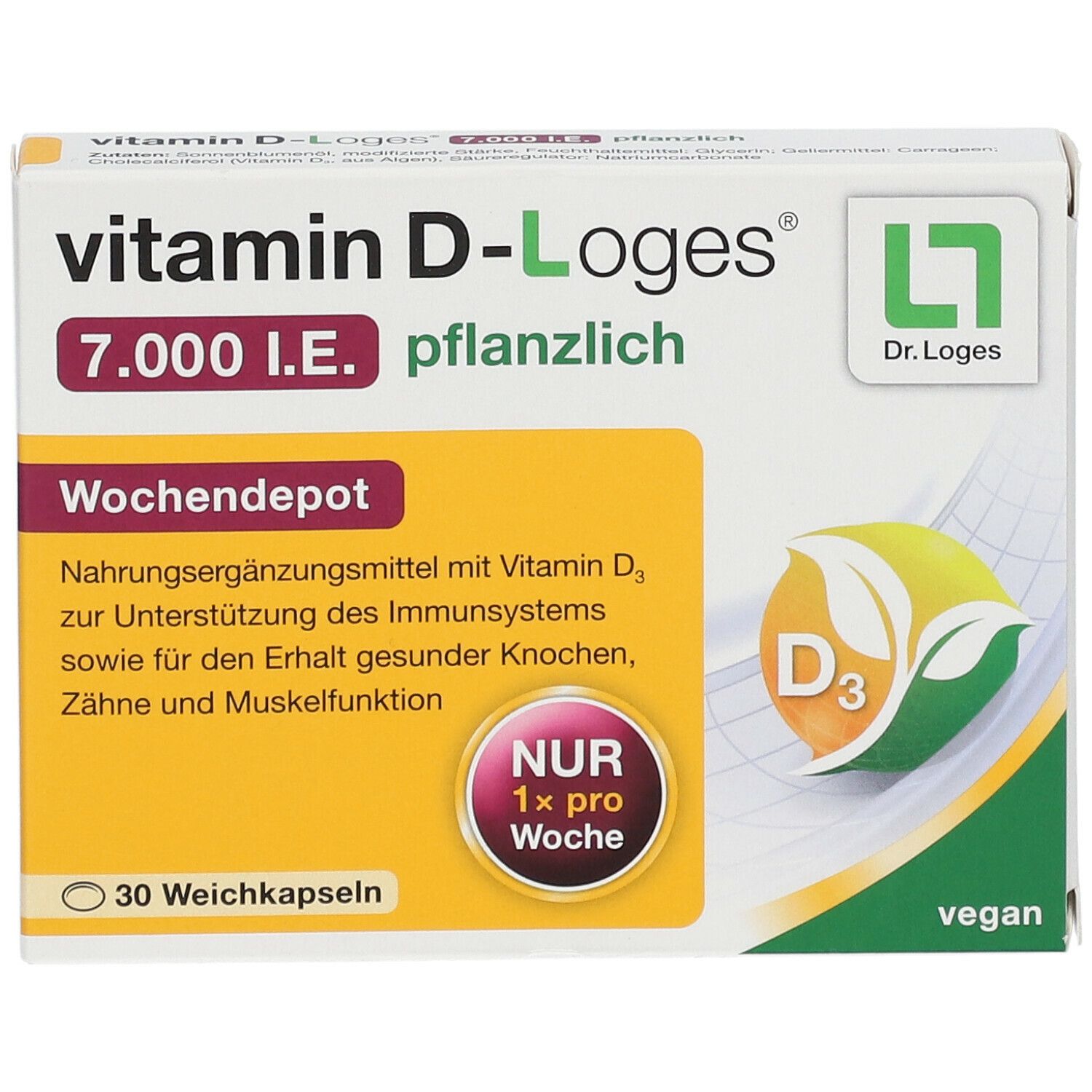 Schachtel Vitamin D-Loges 7.000 I.E. pflanzlich. Enthält 30 Weichkapseln. Aufdruck: Nur 1x pro Woche. Vegan.