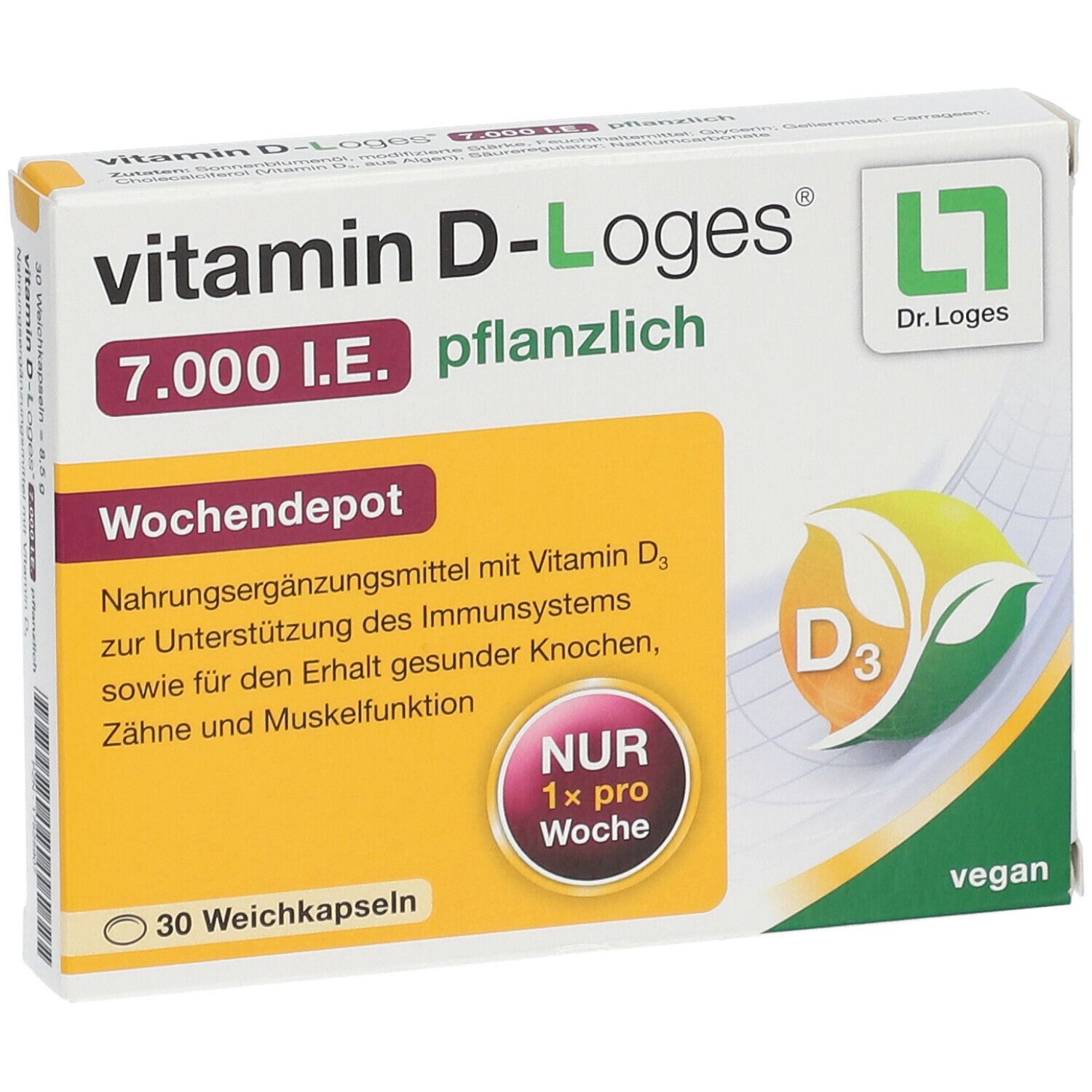Schachtel Vitamin D-Loges 7.000 I.E. pflanzlich. Enthält 30 Weichkapseln. Aufdruck: Nur 1x pro Woche. Vegan.