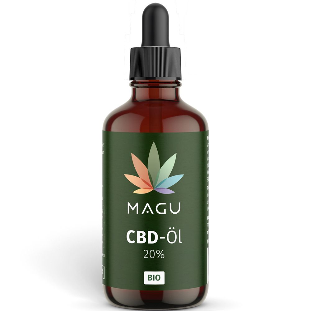 Braune Glasflasche mit schwarzem Deckel und Pipette. Aufkleber mit Logo, Schriftzug MAGU CBD-Öl 20% und BIO-Siegel.