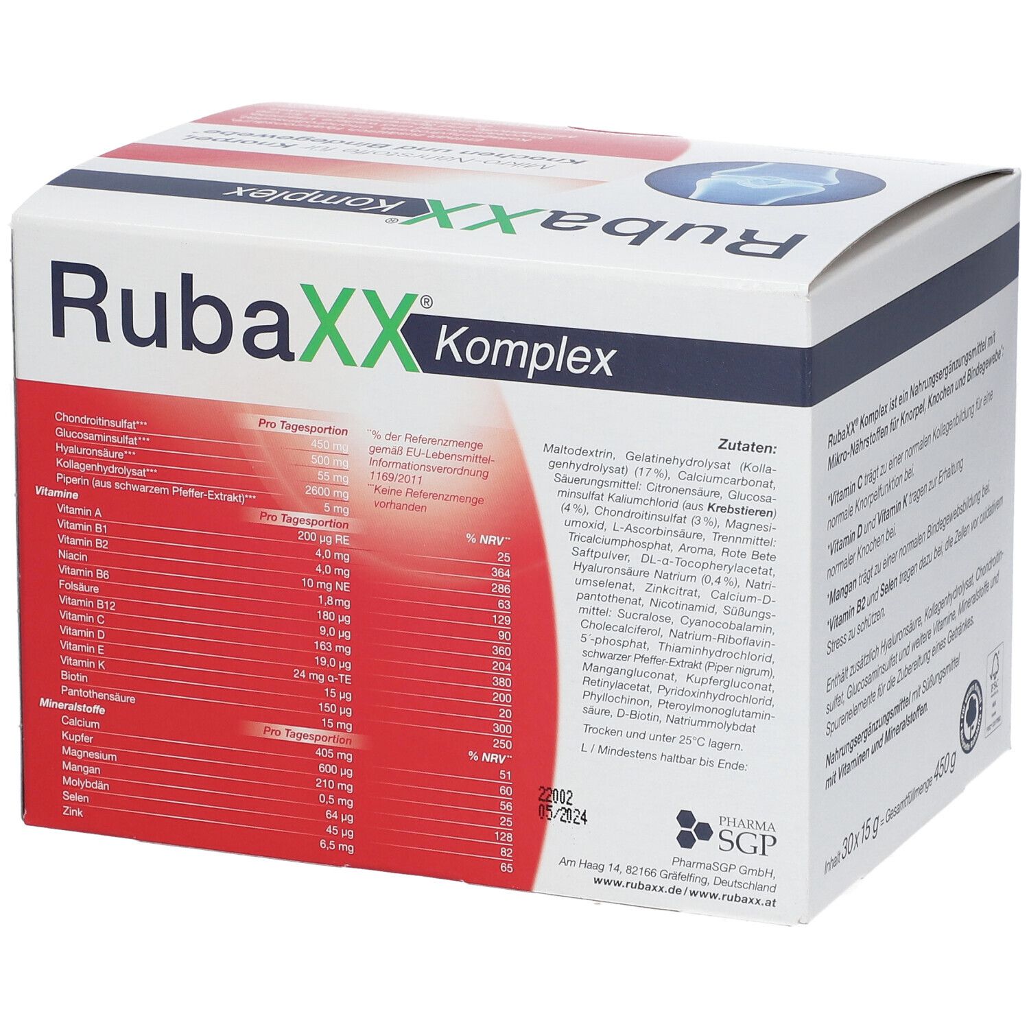 RubaXX® Komplex Verpackung. Enthält Informationen zu Inhaltsstoffen und Nährwerten. Aufschrift: PharmaSGP.