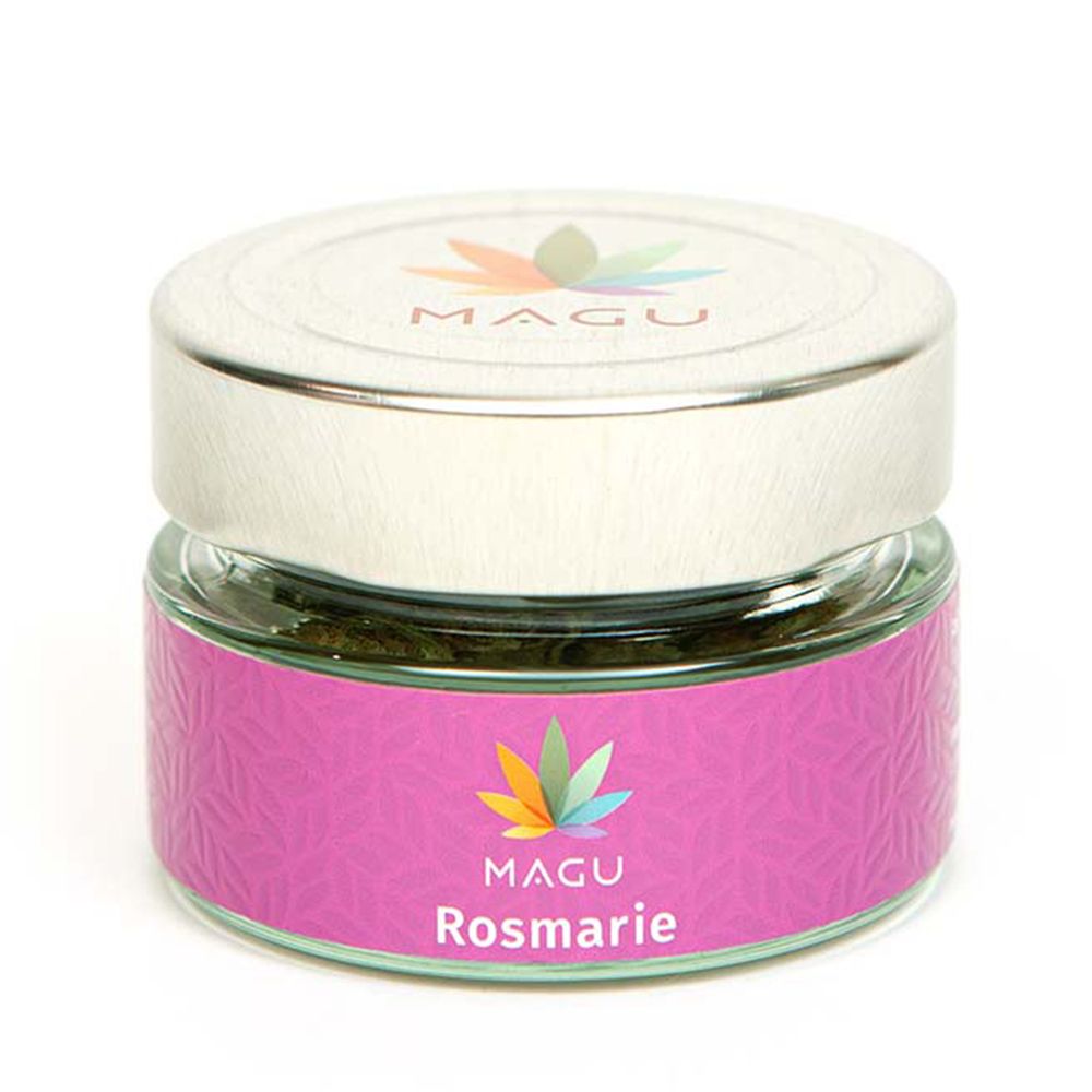 Glasbehälter mit MAGU Rosmarie. Rosa Etikett mit Logo und Produktname. Deckel mit Logo. Inhalt sichtbar.