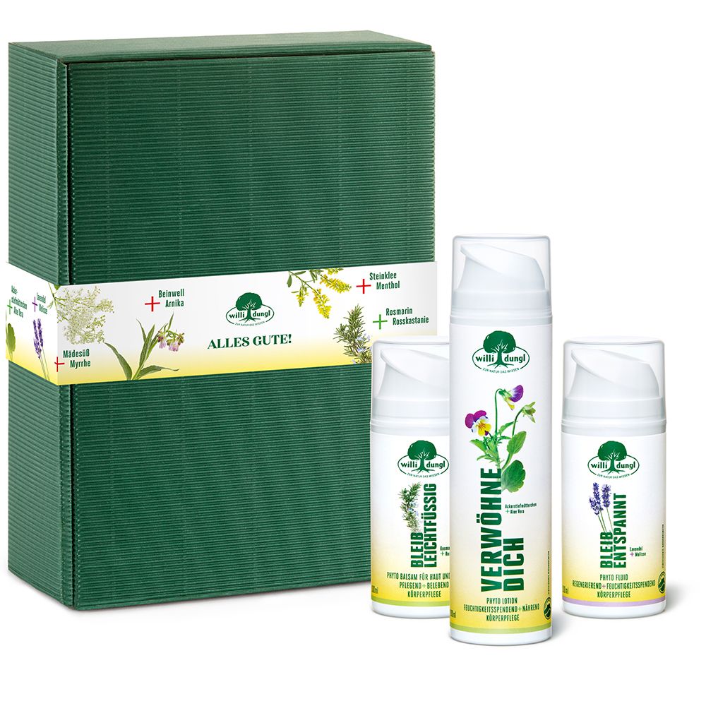 Grüne Geschenkbox mit drei Cremes und einer Lotion. Aufschrift: Willi Dungl, Phytos, Verwöhne dich. Kräuter-Illustrationen.