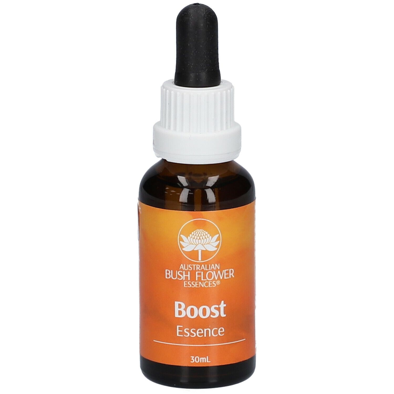 Braune Glasflasche mit Pipette. Aufschrift: Boost Essence, 30ml. Logo: Australian Bush Flower Essences.
