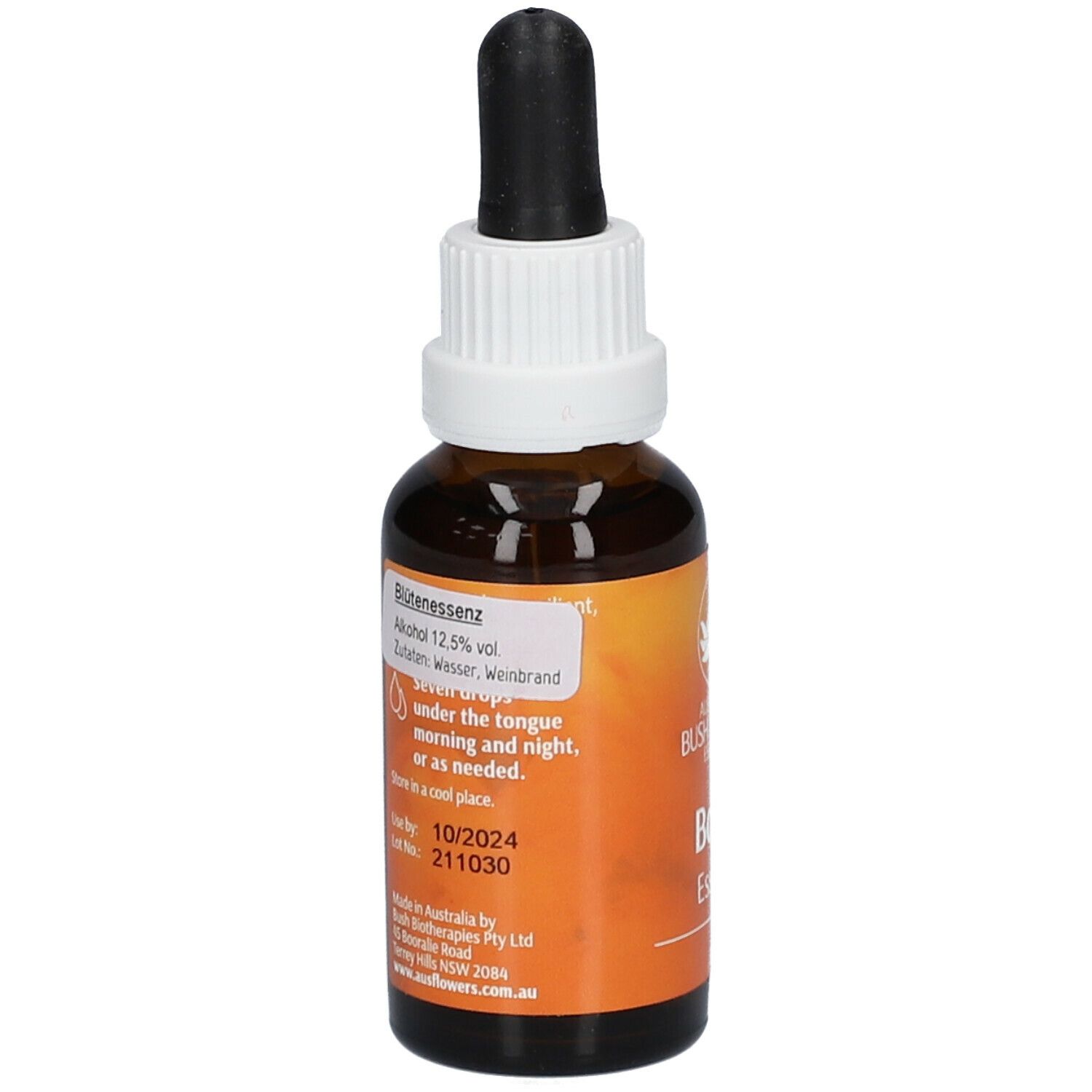 Braune Glasflasche mit Pipette. Aufschrift: Blütenessenz, 12,5% vol. Gebrauchsanweisung. Mindesthaltbarkeitsdatum.