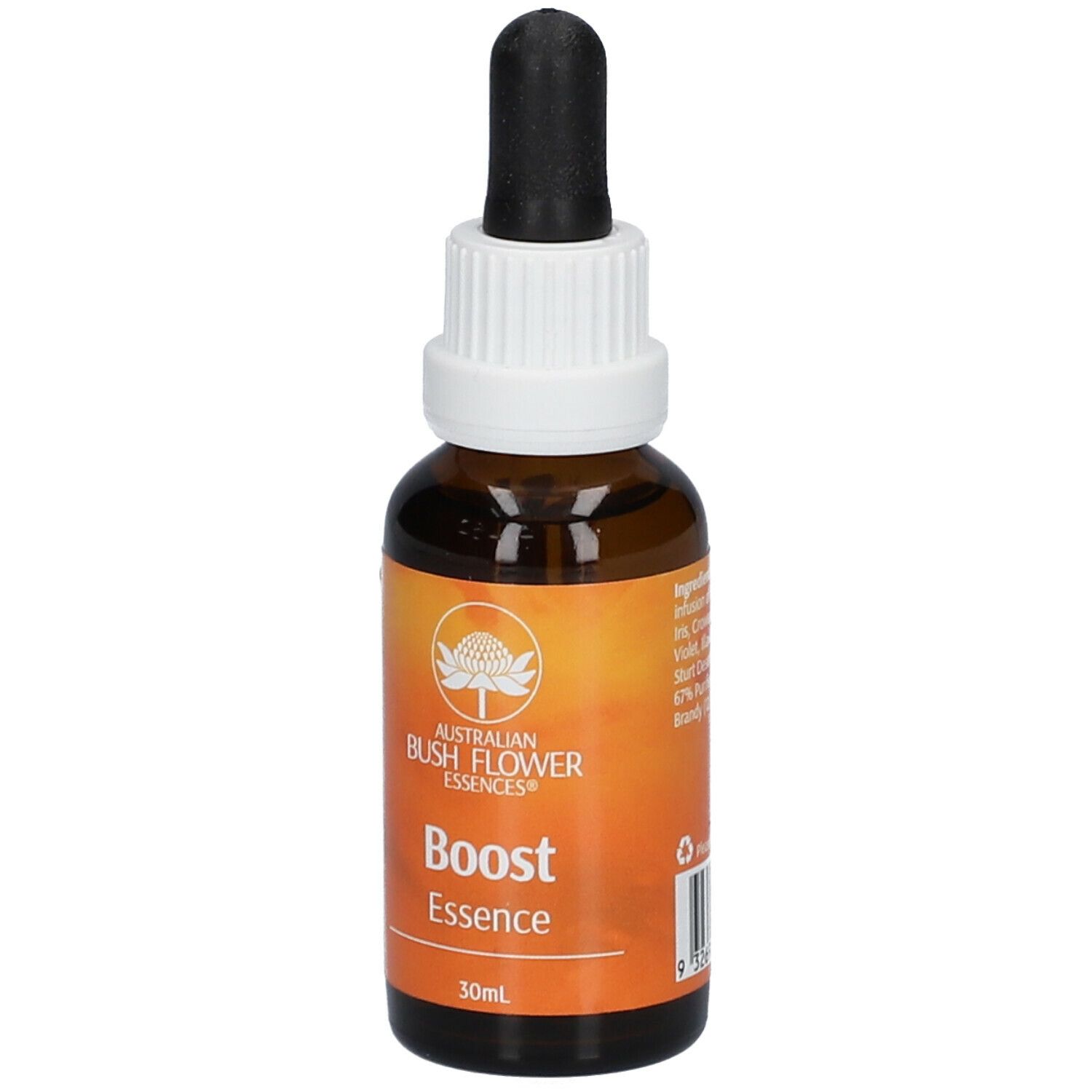 Braune Glasflasche mit Pipette. Aufschrift: Boost Essence, 30ml. Logo: Australian Bush Flower Essences.