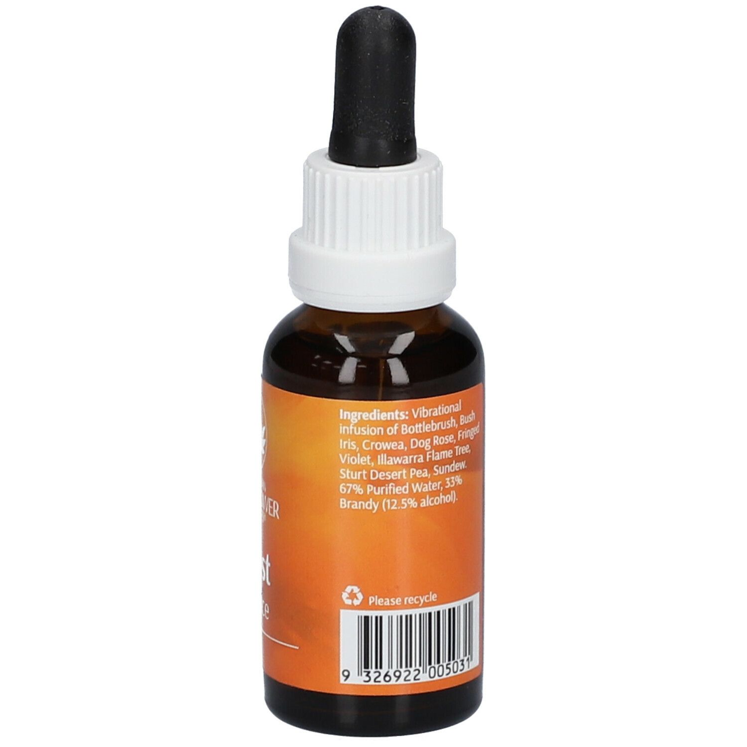 Braune Glasflasche mit Pipette. Aufschrift: Boost Essence, 30ml. Inhaltsstoffe. Barcode. Logo: Australian Bush Flower Essences.