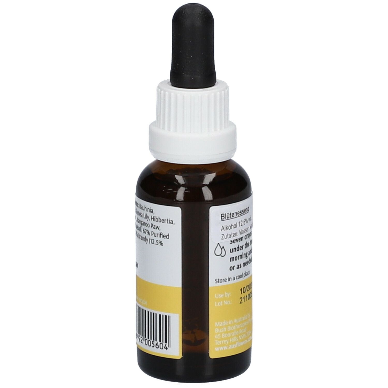 Braune Glasflasche mit Tropfer. Etikett mit Inhaltsstoffen und Verfallsdatum. Gelber Streifen mit Produktname und Volumen.