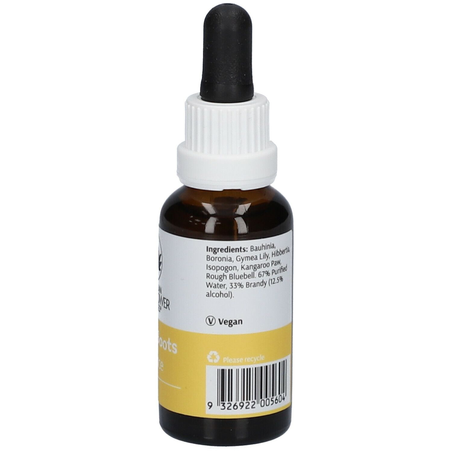 Braune Glasflasche mit Tropfer. Etikett mit Inhaltsstoffen und Vegan-Logo. Gelber Streifen mit Produktname und Volumen.