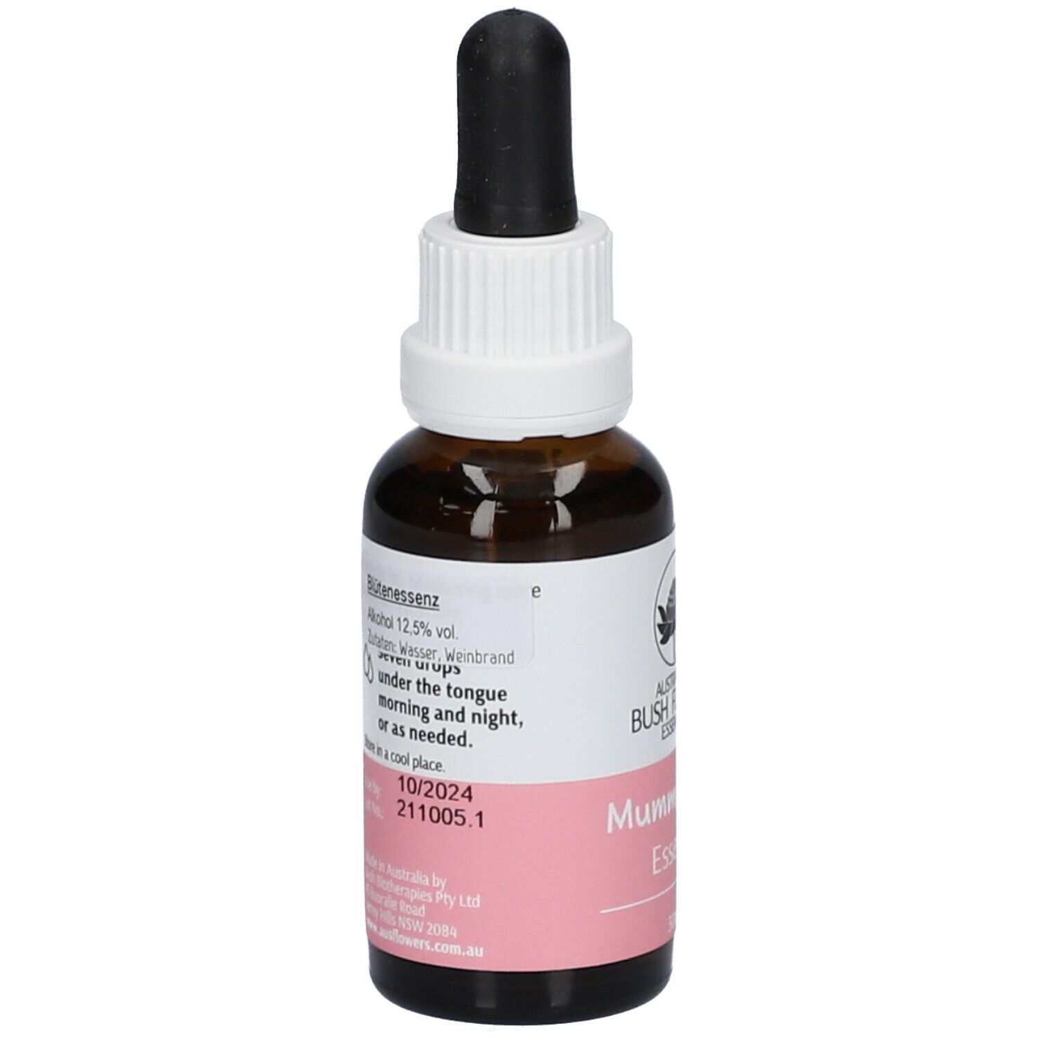 Braune Glasflasche mit Tropfer. Etikett mit Logo, Produktname Mumma Mojo. Enthält 12,5% Alkohol. Haltbarkeit 10/2024.