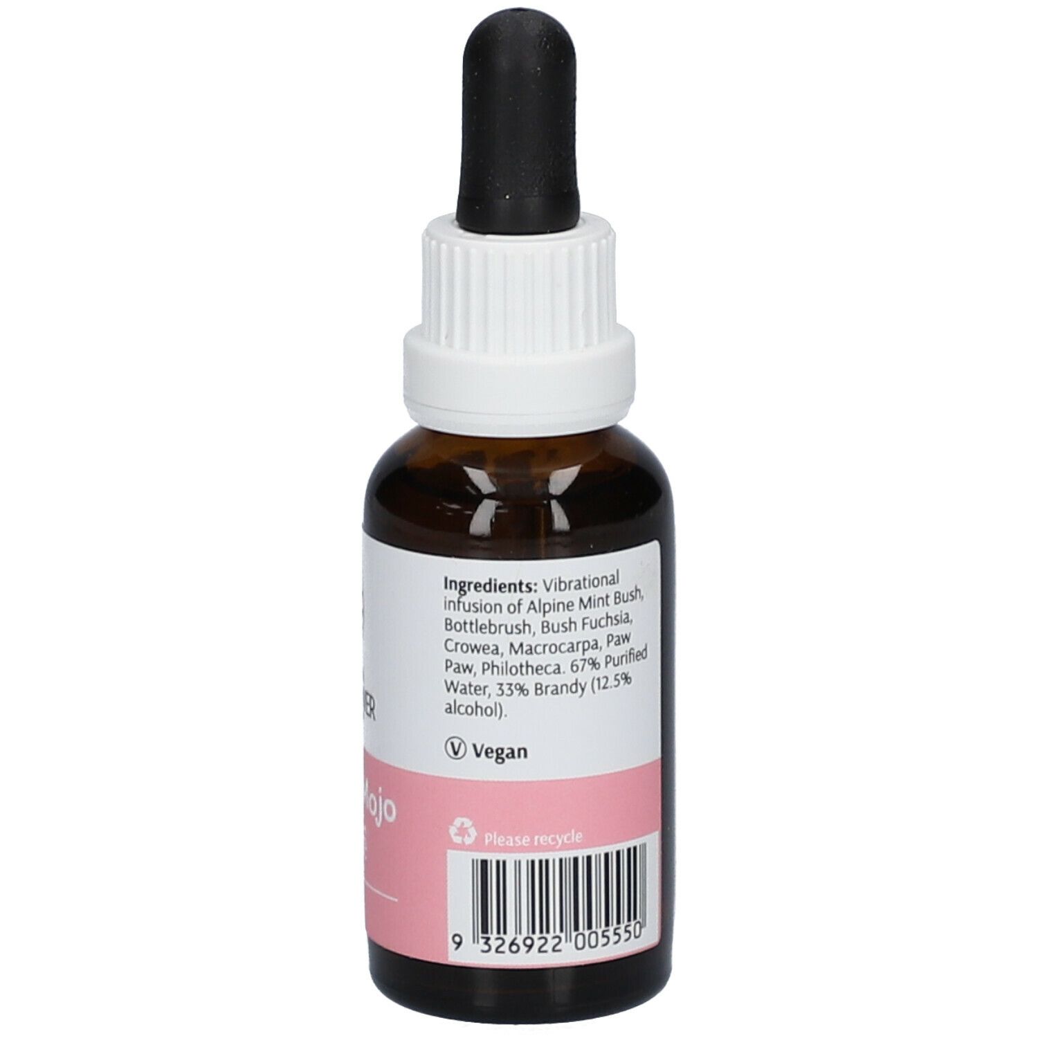 Braune Glasflasche mit Tropfer. Etikett mit Logo, Produktname Mumma Mojo. Inhaltsstoffe. Vegan-Siegel. Barcode. Weißer Verschluss.