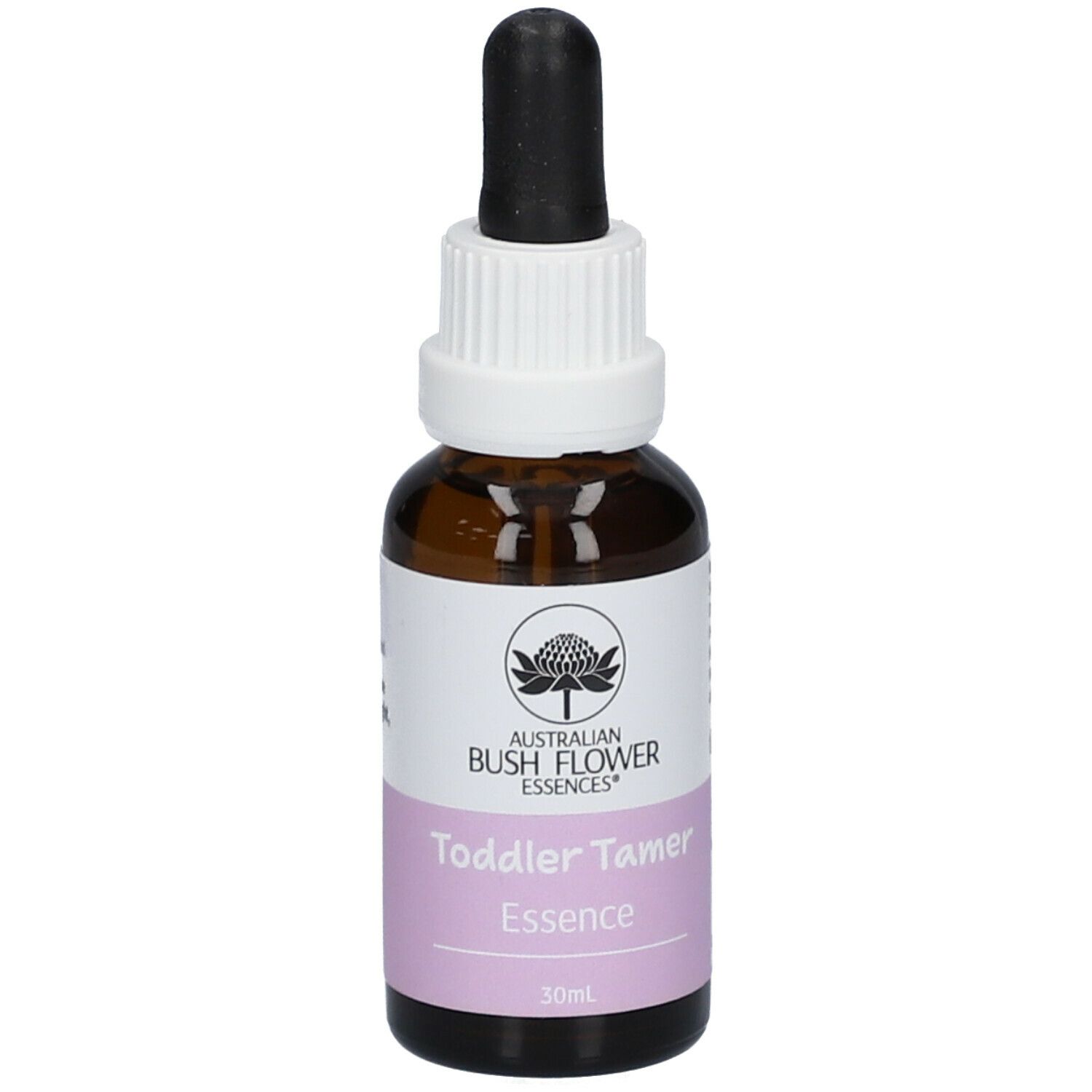 Braunglasflasche mit Tropfer. Aufschrift: Australian Bush Flower Essences® Toddler Tamer Essence. Etikett mit 30ml.
