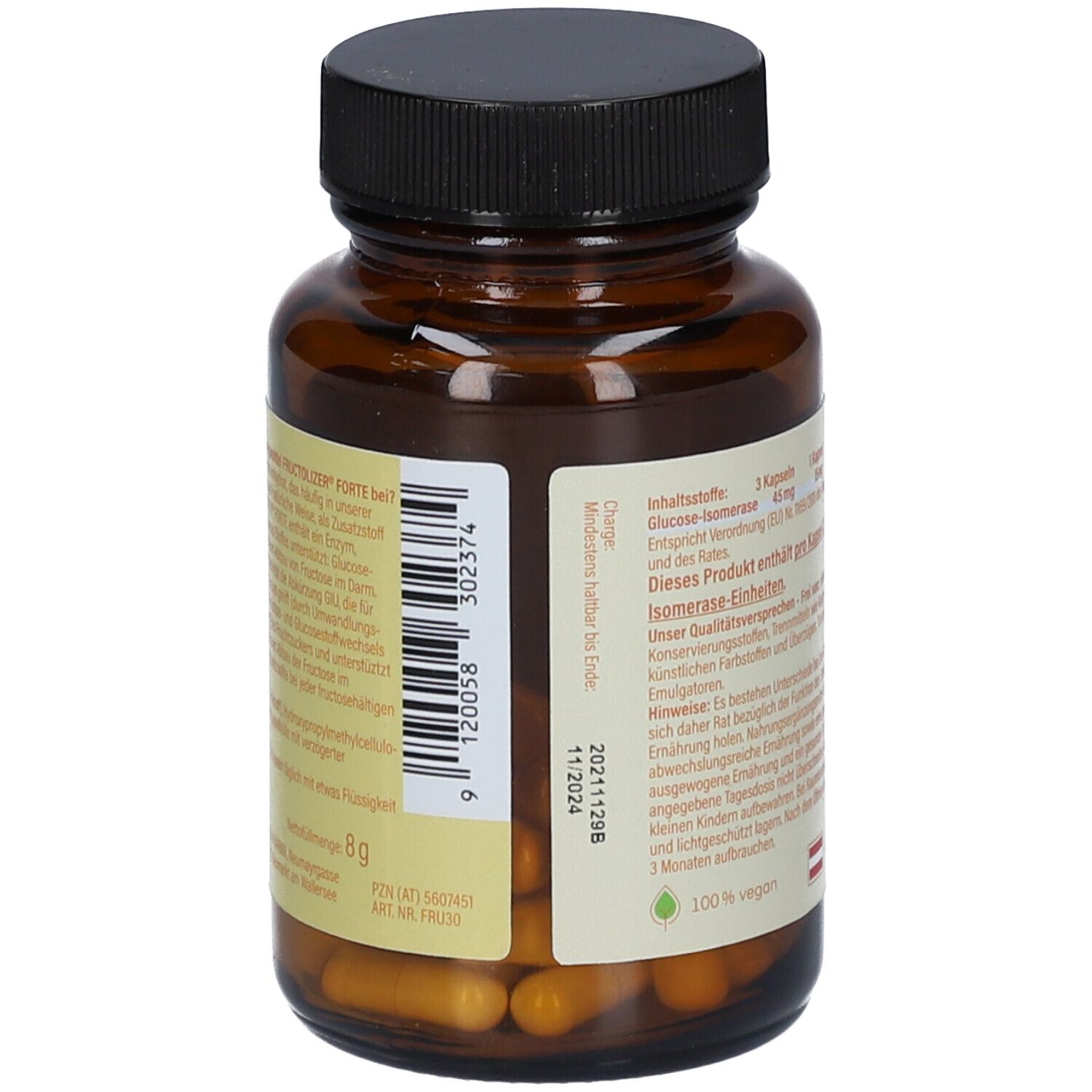 Braune Glasflasche mit schwarzen Deckel. Rückseite mit Text, Inhaltsstoffen und Chargennummer. 100% vegan.