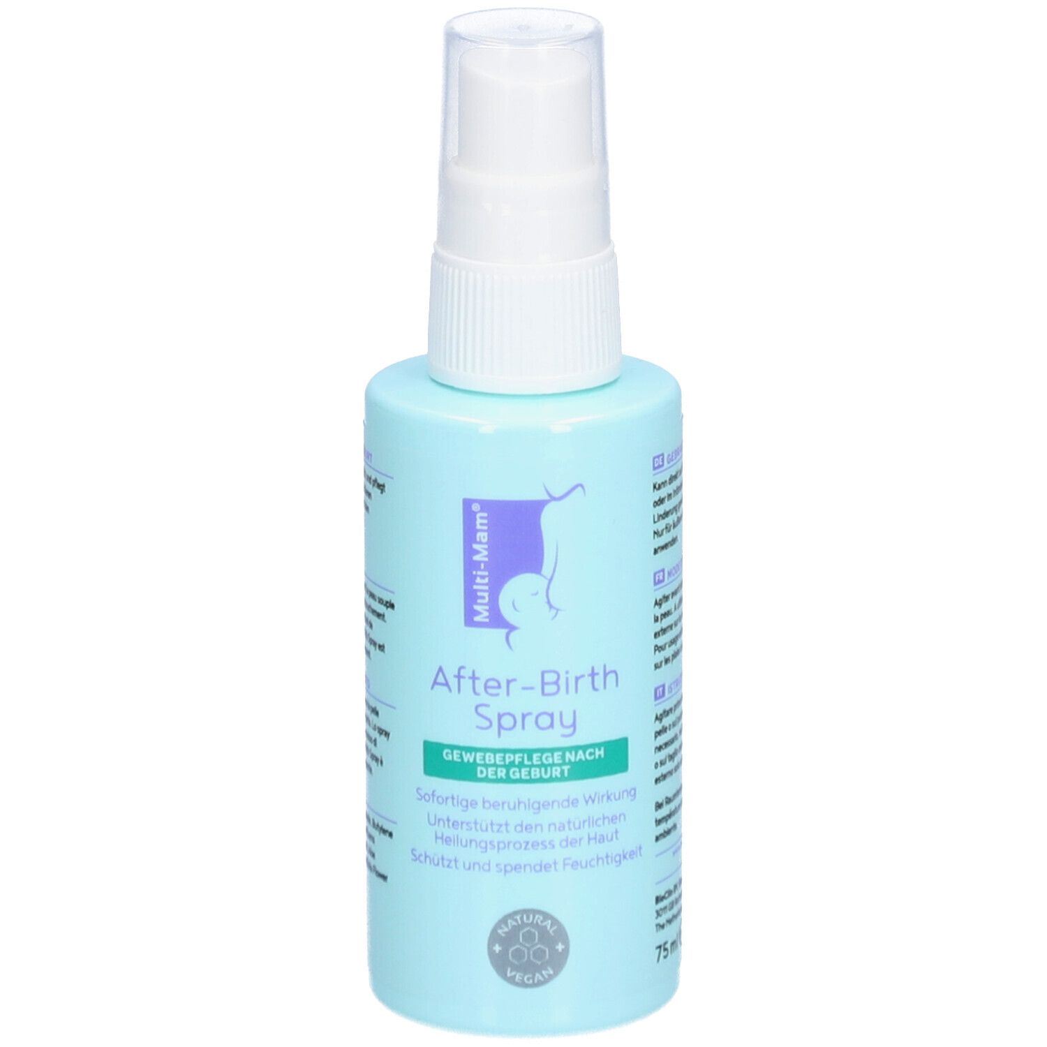 Hellblaue Sprühflasche mit weißem Sprühkopf. Aufschrift: After-Birth Spray, Multi-Mam Logo, Vegan-Siegel.