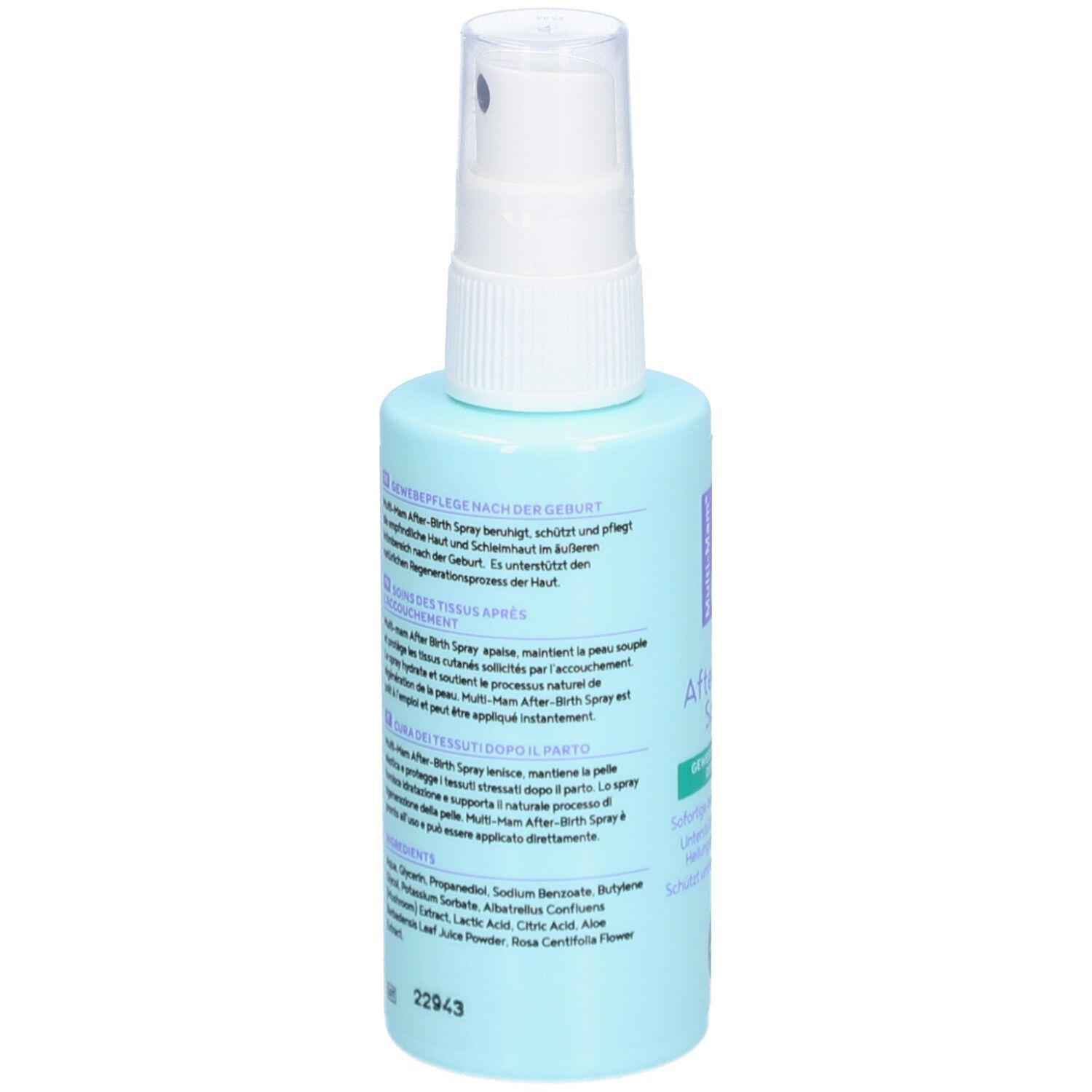 Rückseite der hellblauen Sprühflasche. Text in mehreren Sprachen. Zutatenliste. Produktionsinformationen.