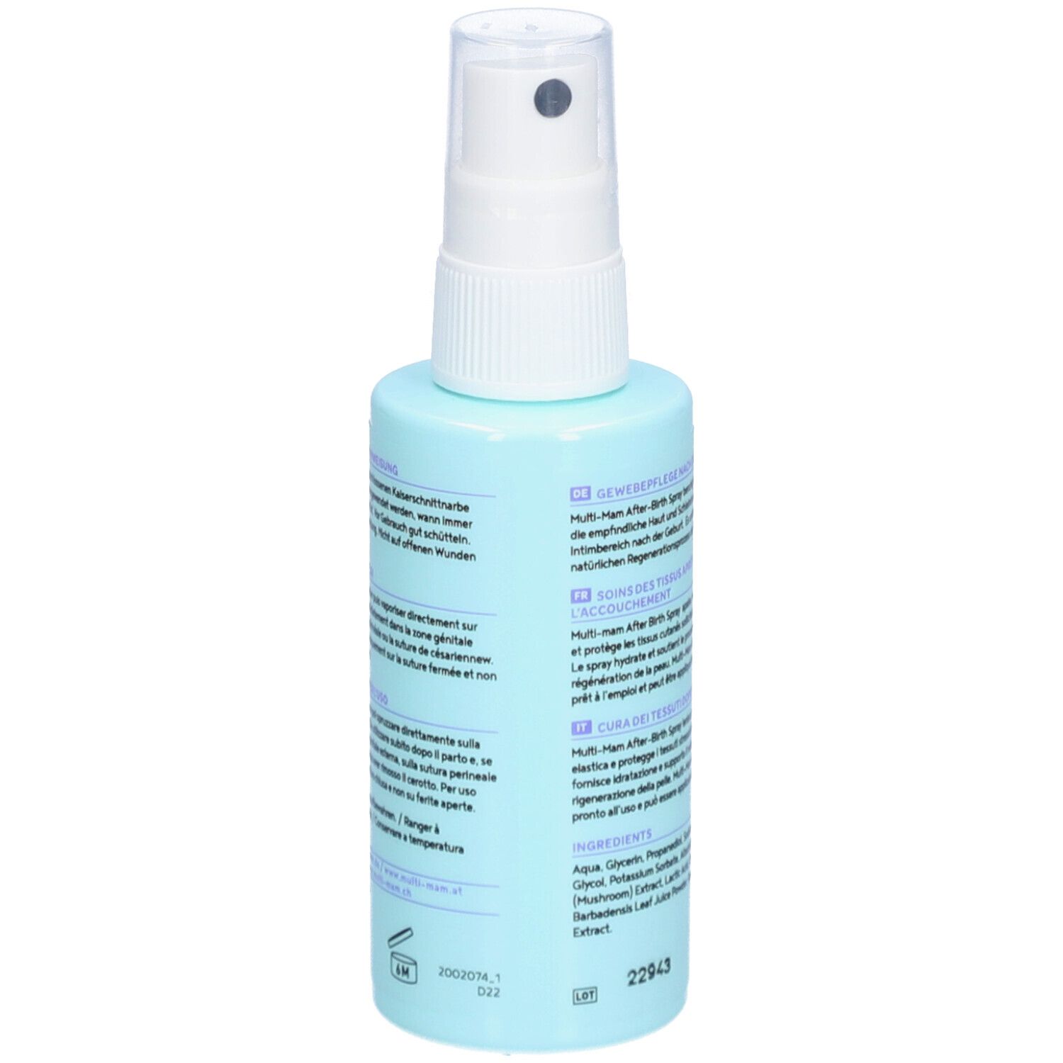 Rückseite der hellblauen Sprühflasche. Text in mehreren Sprachen. Gebrauchsanweisung.