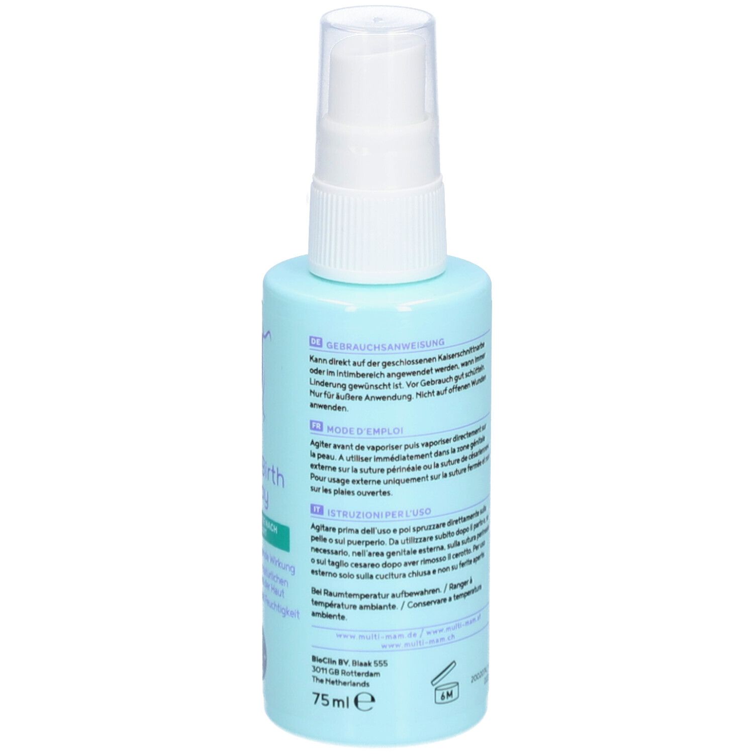 Rückseite der hellblauen Sprühflasche. Text in mehreren Sprachen. Gebrauchsanweisung.