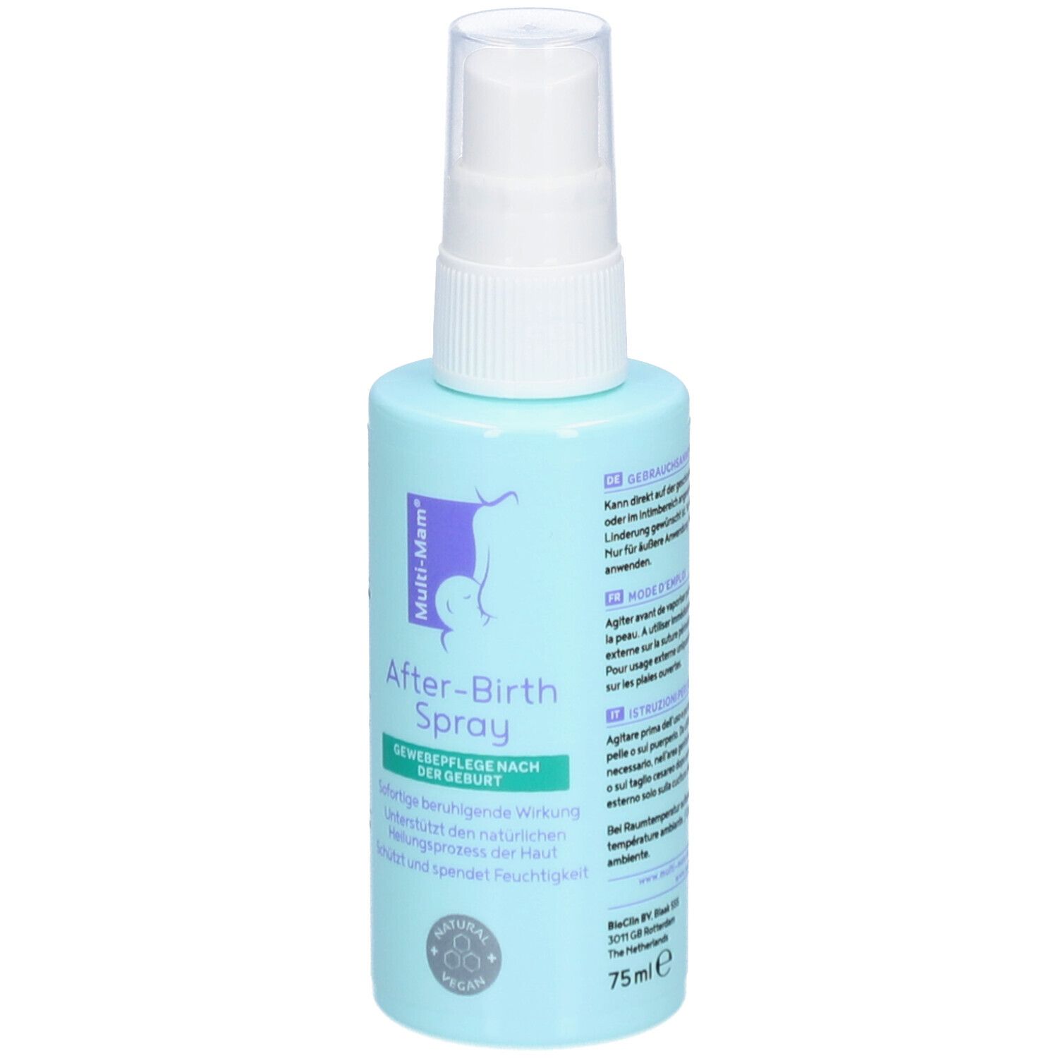 Hellblaue Sprühflasche mit weißem Sprühkopf. Aufschrift: After-Birth Spray, Multi-Mam Logo, Vegan-Siegel.