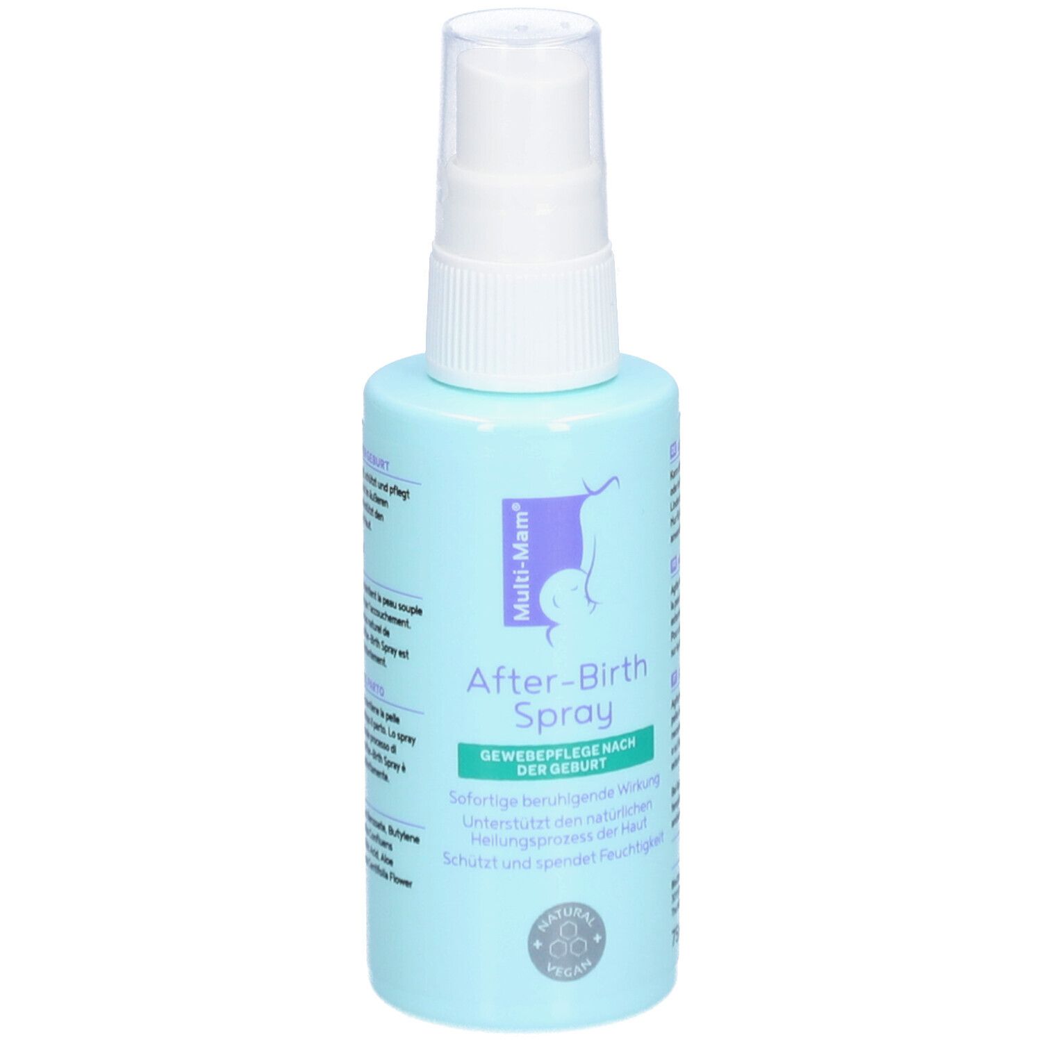 Hellblaue Sprühflasche mit weißem Sprühkopf. Aufschrift: After-Birth Spray, Multi-Mam Logo, Vegan-Siegel.