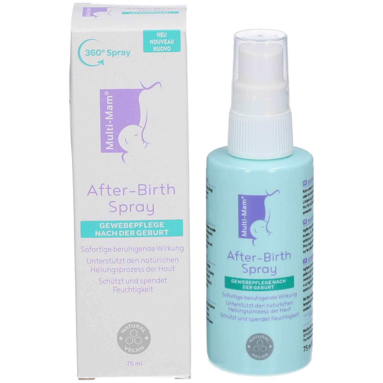 Hellblaue Sprühflasche und Verpackung. Aufschrift: After-Birth Spray, Multi-Mam Logo, Vegan-Siegel. Neu-Label.