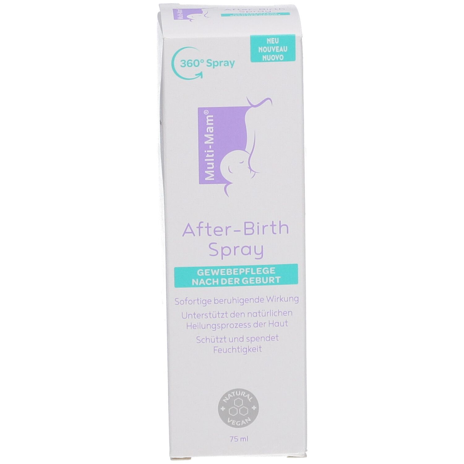 Weiße Verpackung mit Aufschrift: After-Birth Spray, Multi-Mam Logo, Vegan-Siegel. Neu-Label.