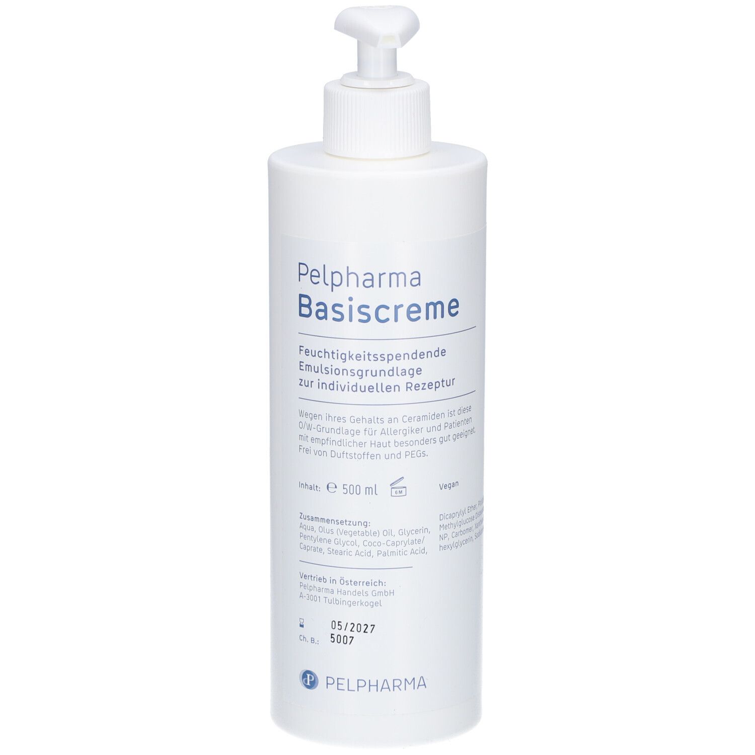 Weiße Flasche mit Spender. Aufschrift: Pelpharma Basiscreme. Text und Logo. Inhalt: 500 ml.