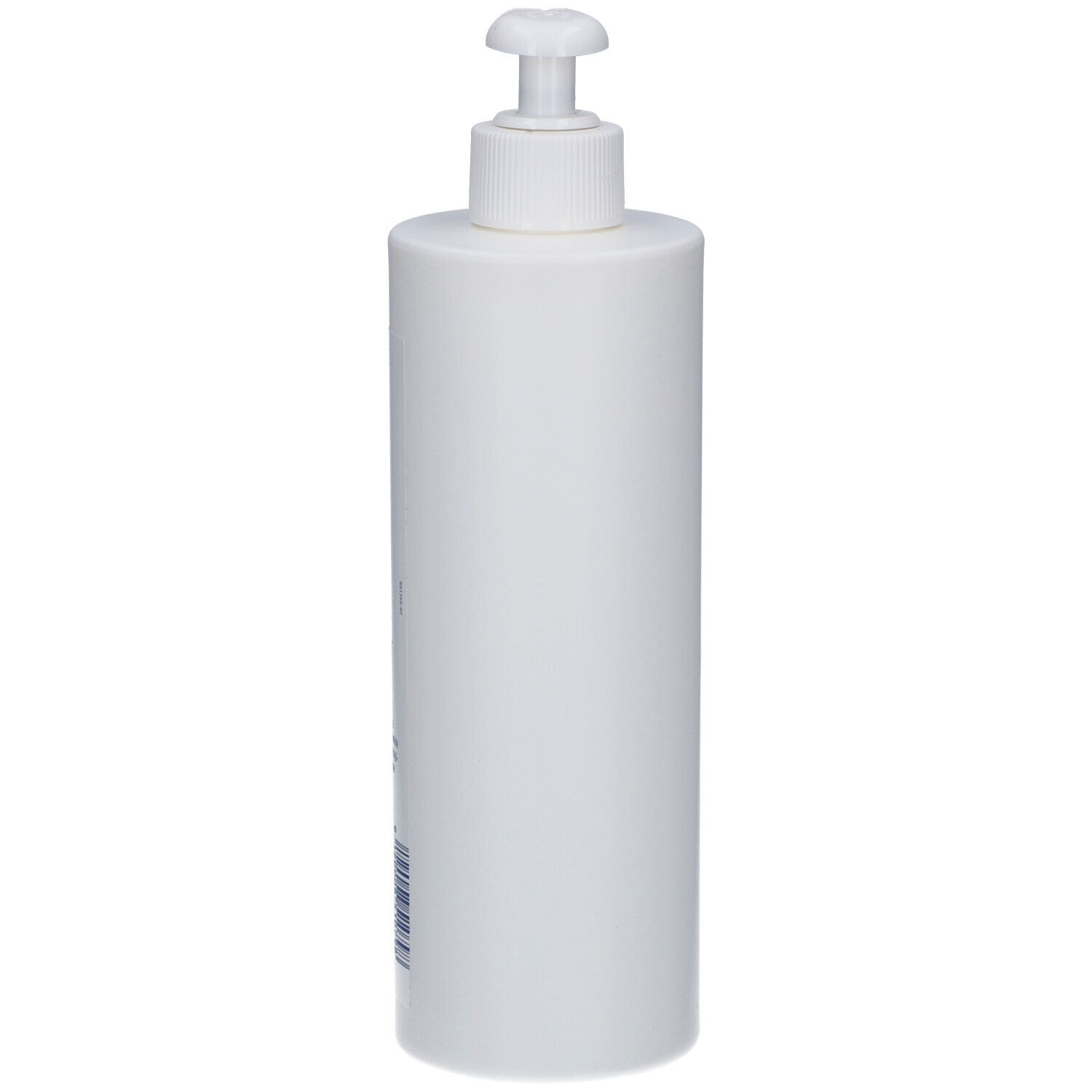 Weiße Flasche mit Spender, Seitenansicht. Barcode und Text auf der Rückseite.