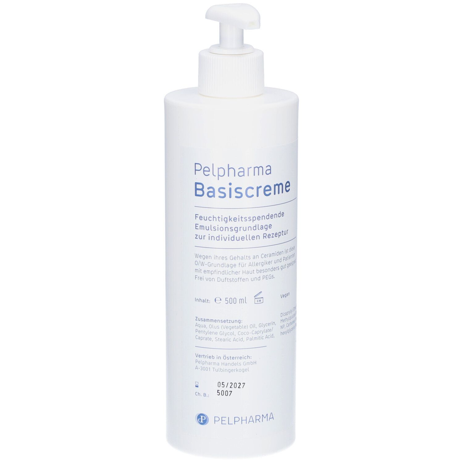 Weiße Flasche mit Spender. Aufschrift: Pelpharma Basiscreme. Text und Logo. Inhalt: 500 ml.