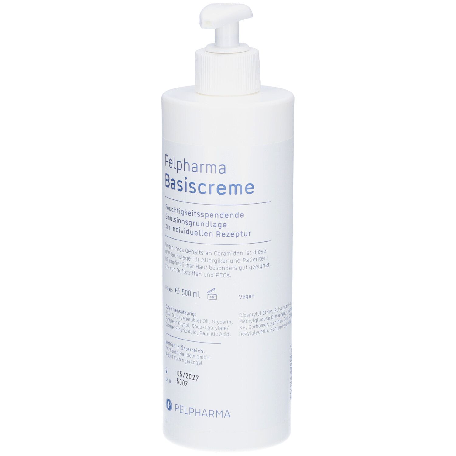 Weiße Flasche mit Spender. Aufschrift: Pelpharma Basiscreme. Text und Logo. Inhalt: 500 ml.