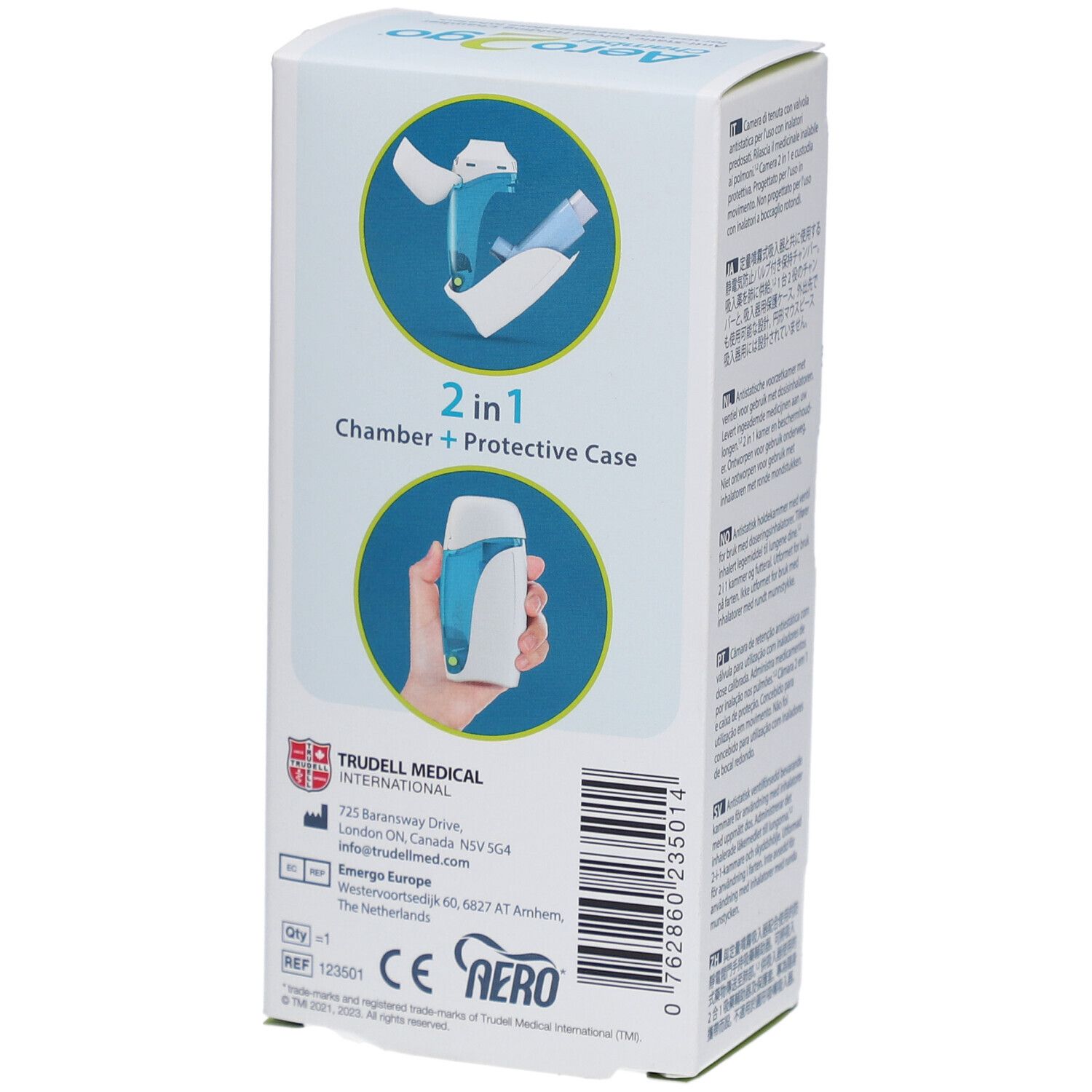 Verpackung mit Produktabbildungen. Aufdruck: 2 in 1 Chamber + Protective Case. Logo: Trudell Medical International.