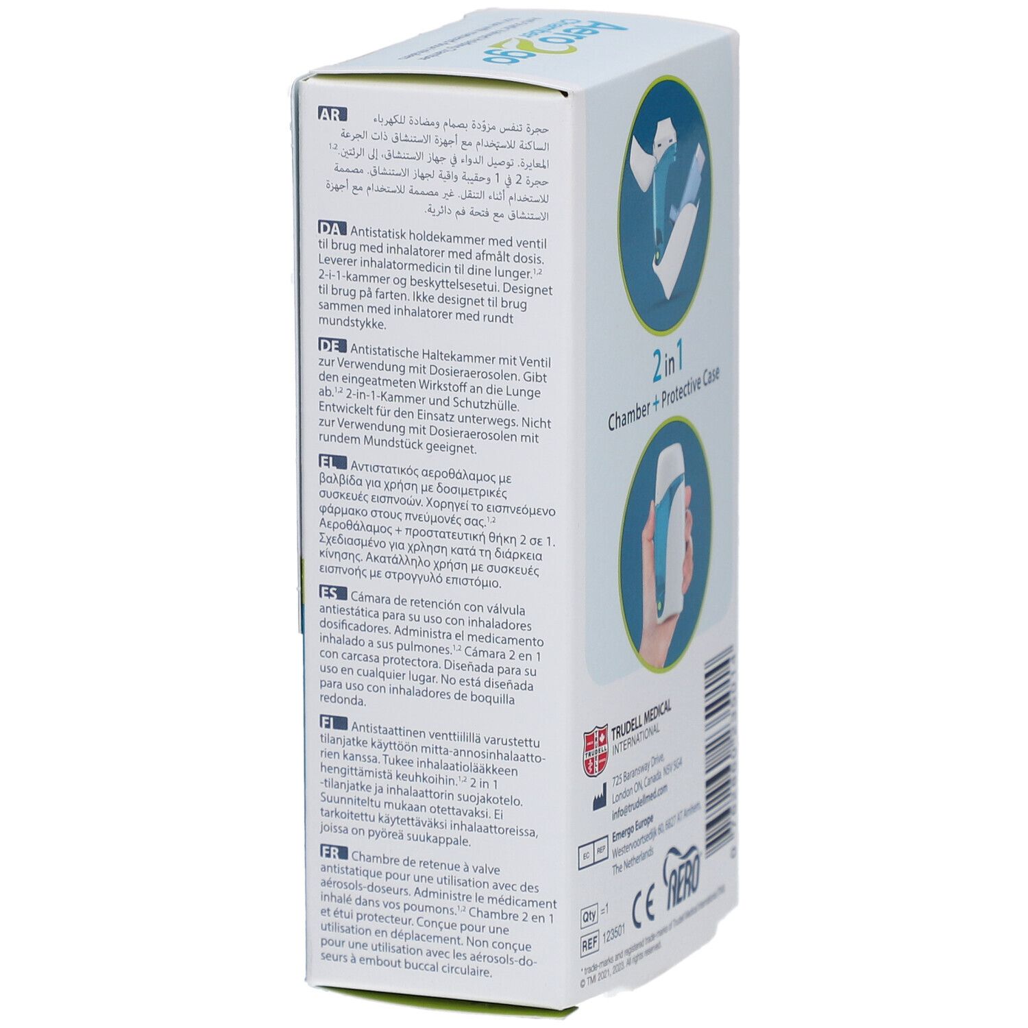 Verpackung mit Produktabbildungen und Texten. Aufdruck: 2 in 1 Chamber + Protective Case. Logo: Trudell Medical International.