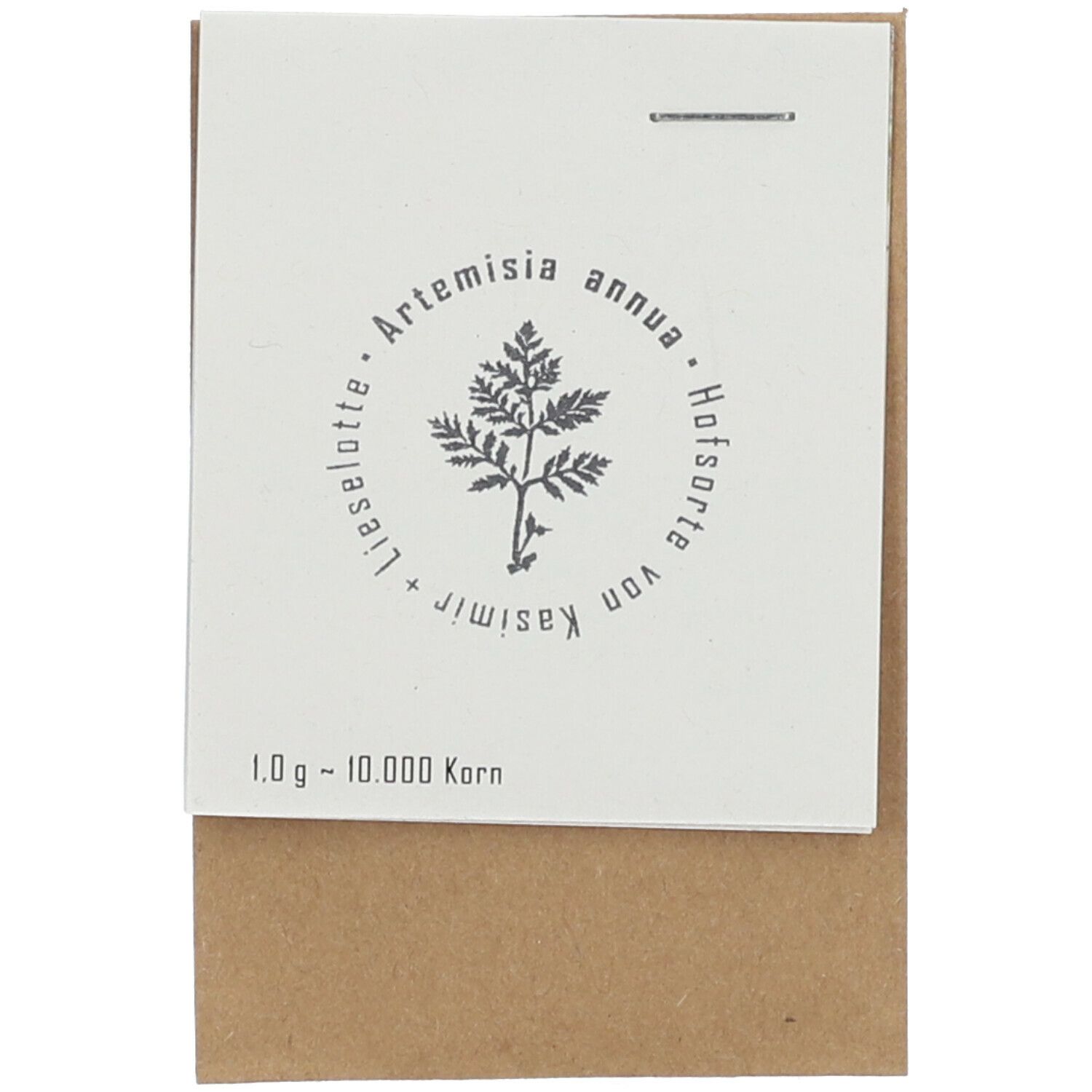 Verpackung mit Text und Pflanzenabbildung. Aufschrift: Artemisia annua, Hofsorte von Kasimir, 1.0g - 10.000 Korn.