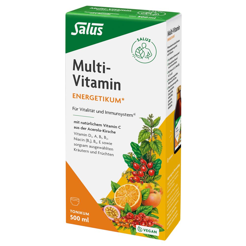Verpackung von Salus Multi-Vitamin Energetikum. Enthält Vitamin C, D, A, B, E. Mit Früchten und Kräutern. Vegan.