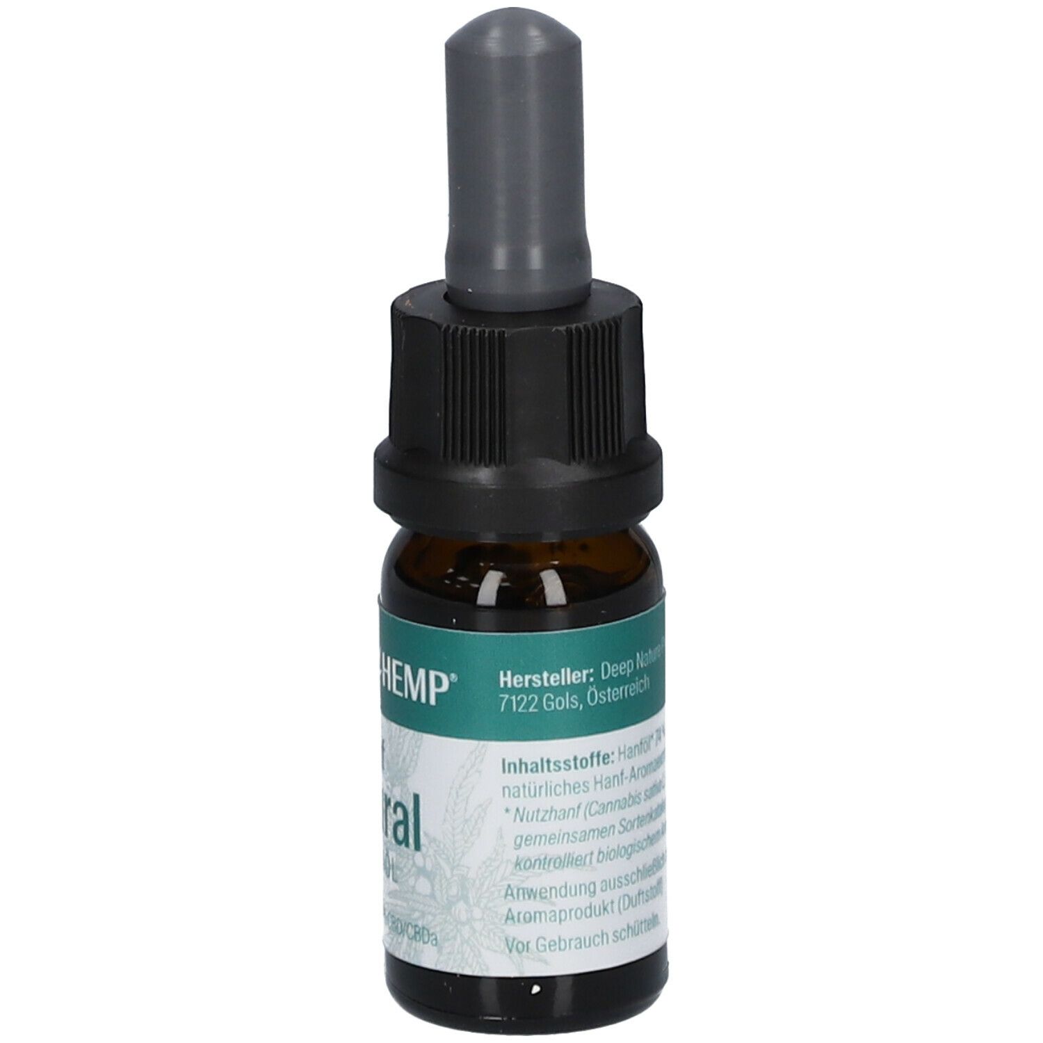 Braune Glasflasche mit schwarzem Verschluss und Pipette. Etikett mit Herstellerinformationen.