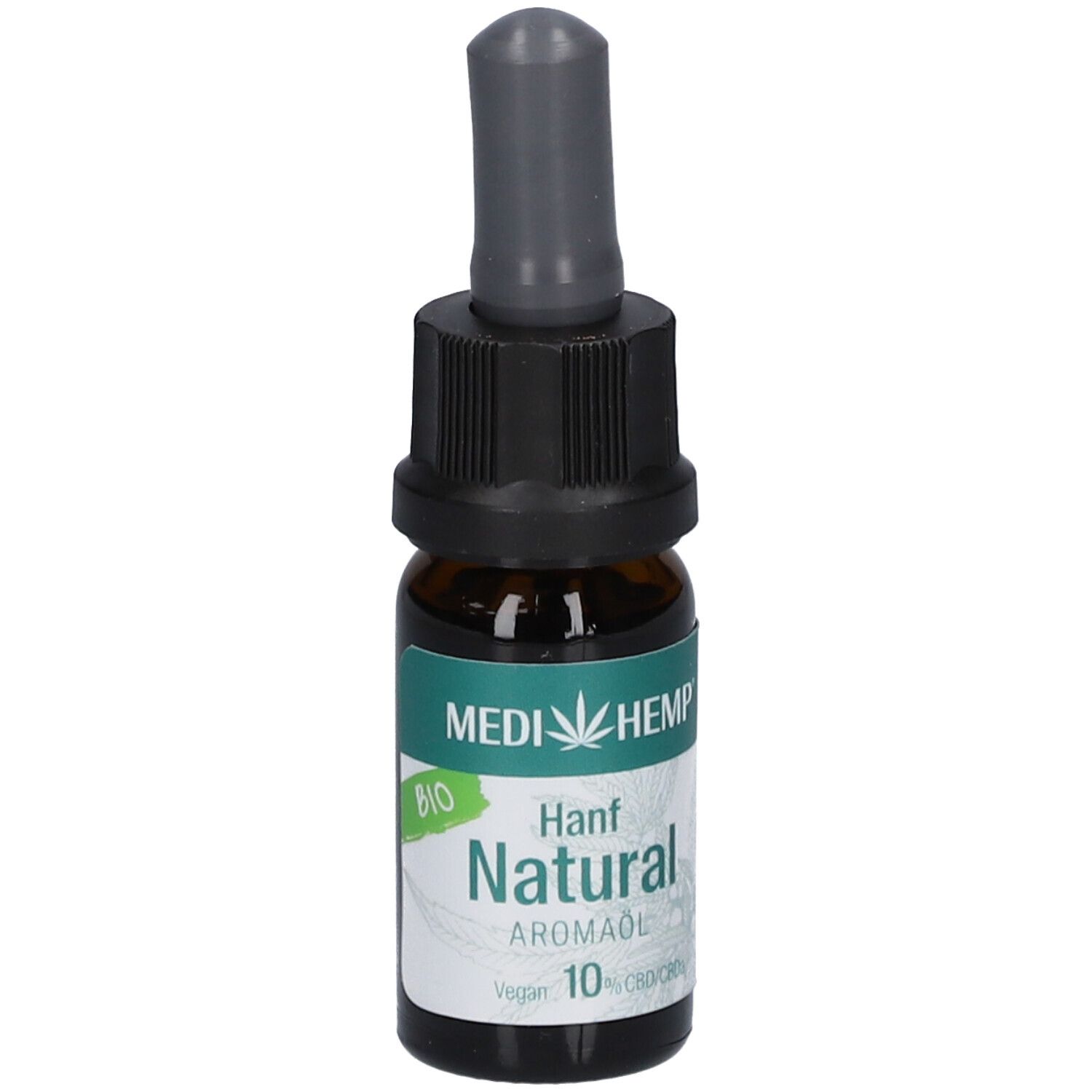 Braune Glasflasche mit schwarzem Verschluss und Pipette. Etikett mit "MEDIHEMP Hanf Natural Aromaöl 10 %".