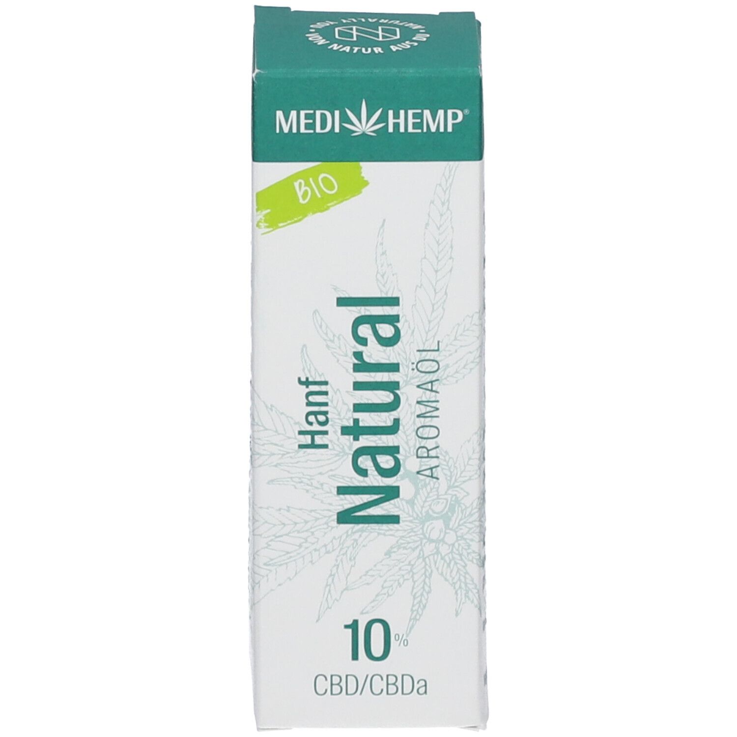 Produktflasche mit Verpackung. Braune Flasche mit schwarzem Verschluss und Pipette, neben einer weißen Schachtel.