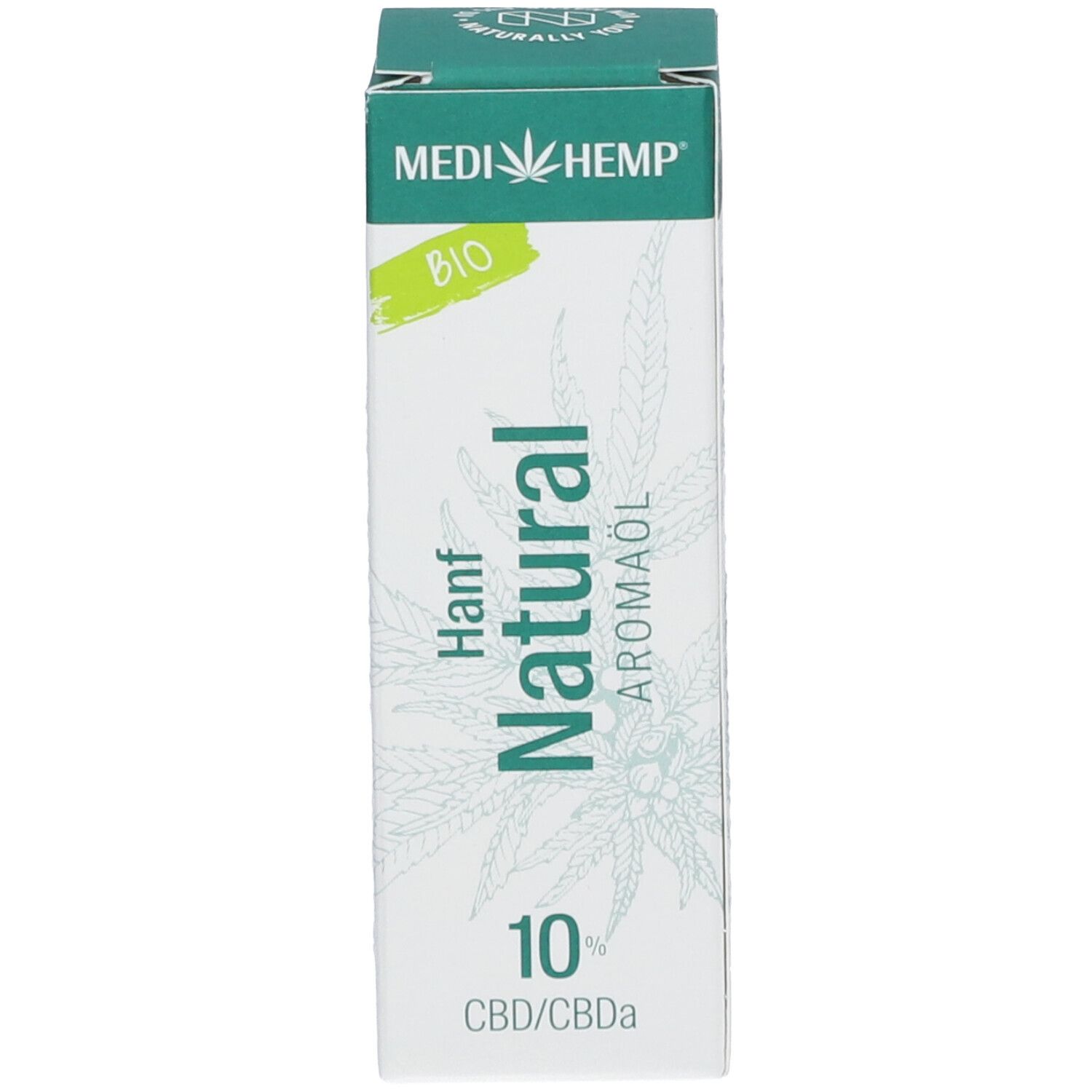 Weiße Schachtel mit "MEDIHEMP Hanf Natural Aromaöl 10 %" und grünen Akzenten.