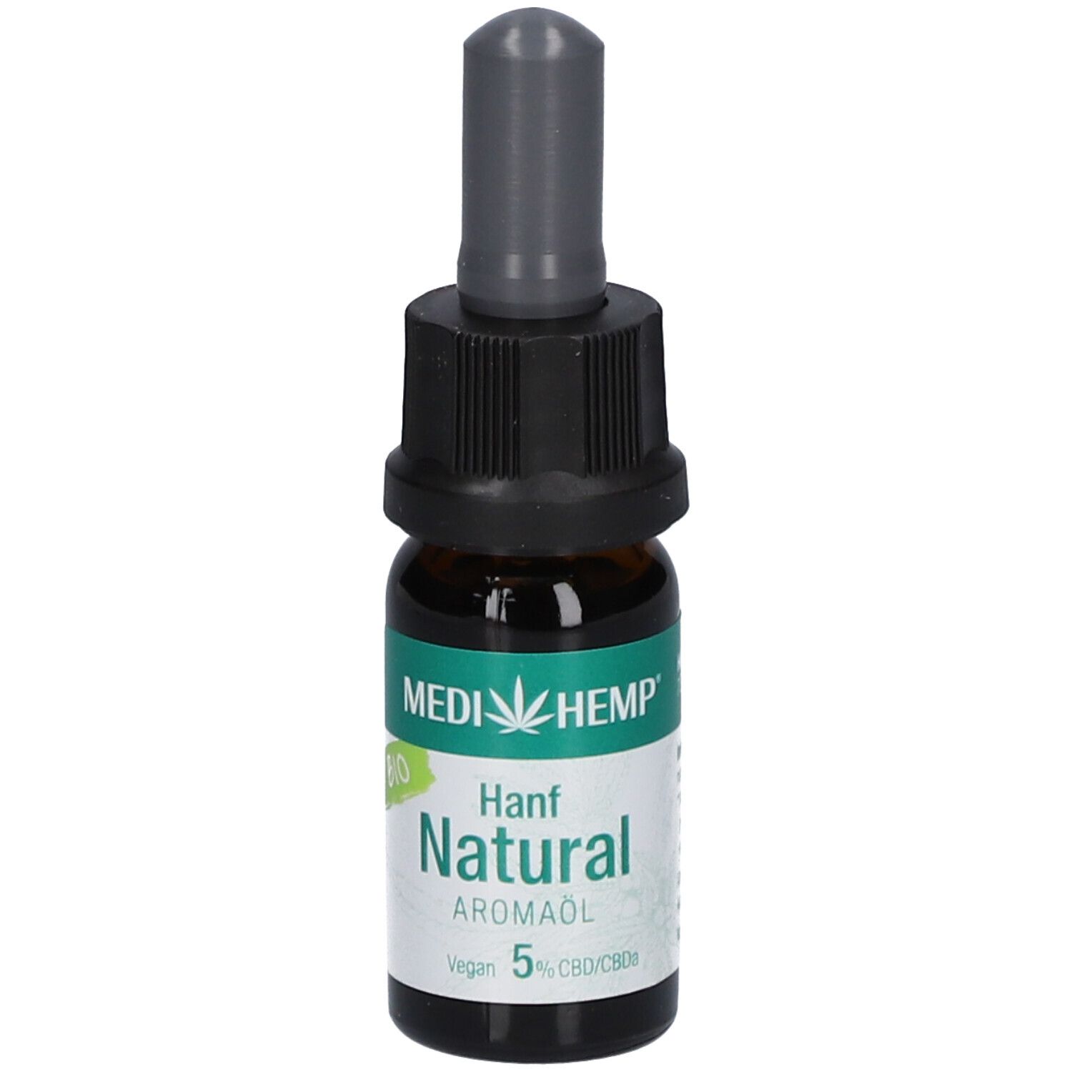 Braune Glasflasche mit schwarzem Verschluss und Pipette. Aufkleber mit Text: MEDIHEMP, Hanf Natural Aromaöl, 5 % CBD/CBDa.